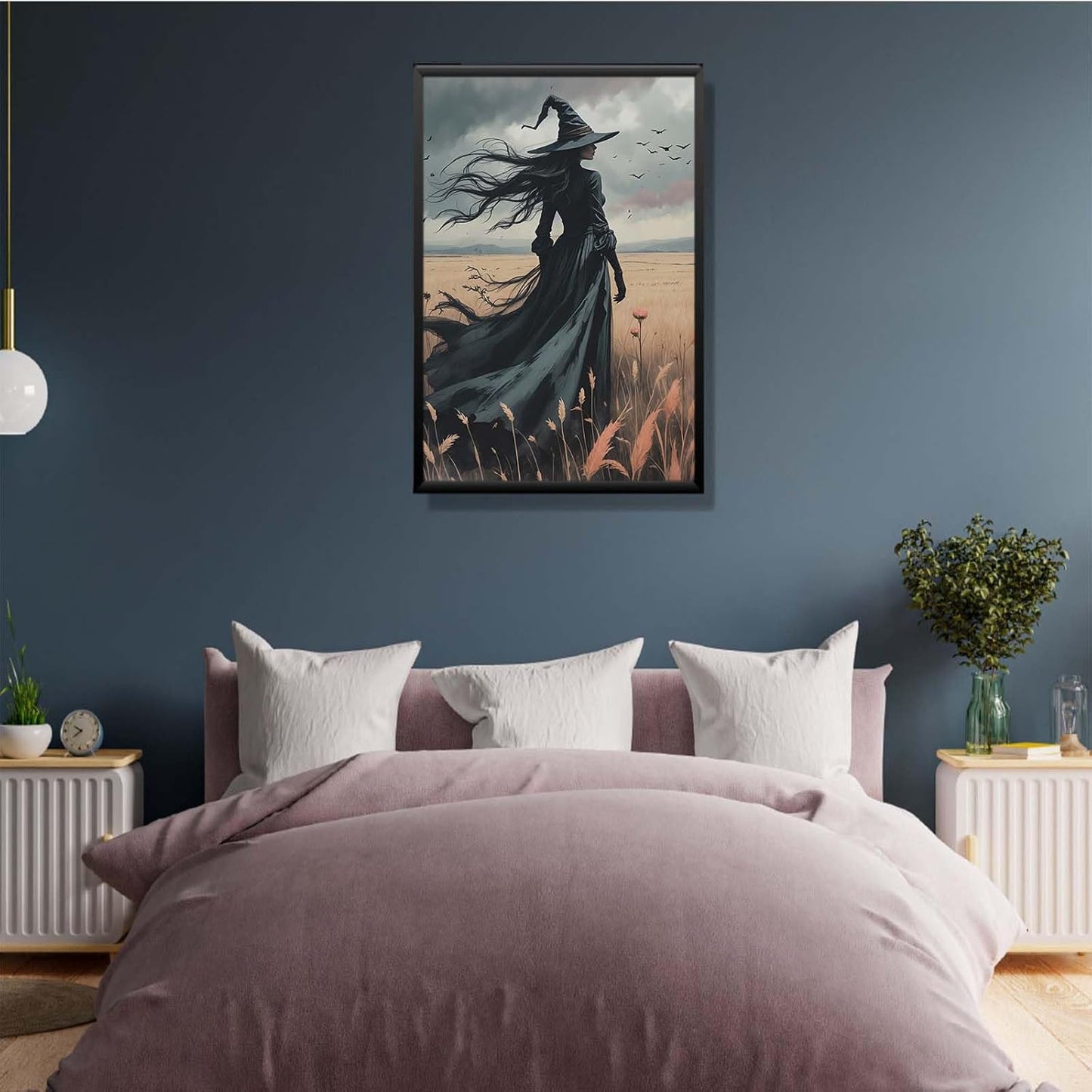 JFHCQJPK Gothic Decor Canvas Wall Art Witch in Rice Field Halloween Art Decor Print Nature Print Victorian Home Bedroom24x36in Metal blackFramed