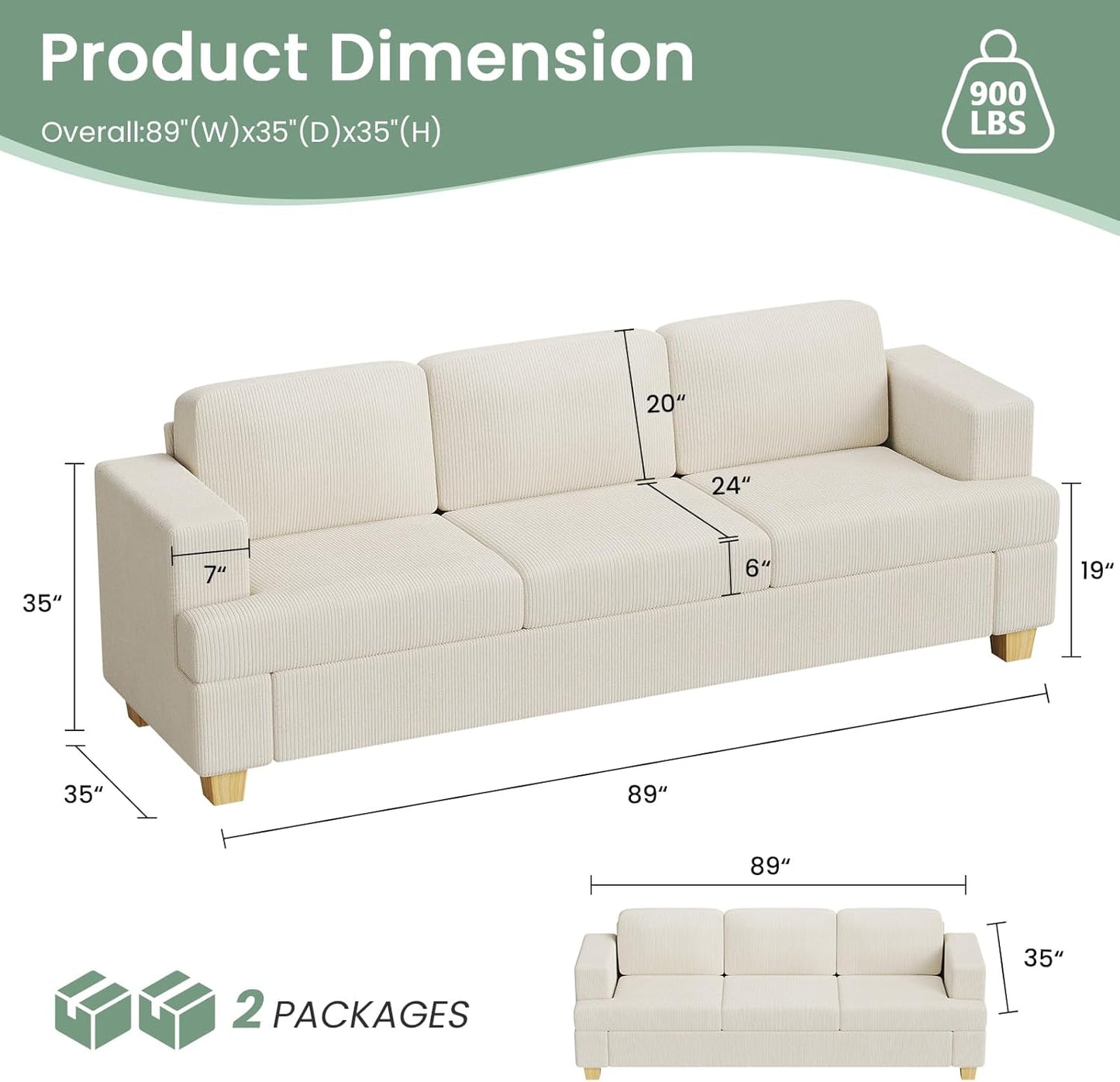 3 Pieces Corduroy Couch Set for Living Room, 3 Seater*2 & Loveseat Cloud Sofa, Deep Seat Floor Couch for Bedroom, Futon Modern Sofa Bed, White Corduroy