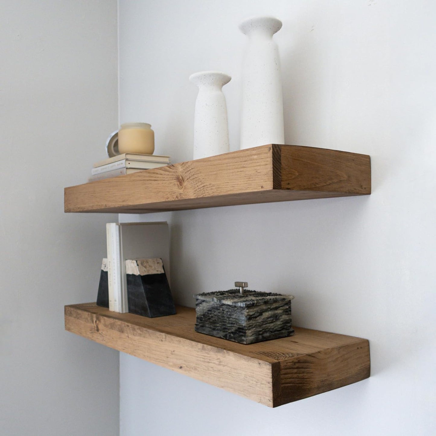 Modern Floating Shelves 3 Inches Thick for Wall, Wide Shelves for Kitchen, Living Room, Bedroom, and Bathroom, Natural Pine Wood, Rustic Wooden Shelf, (Set of 2) (Aged Oak, 36Lx3Hx8D)