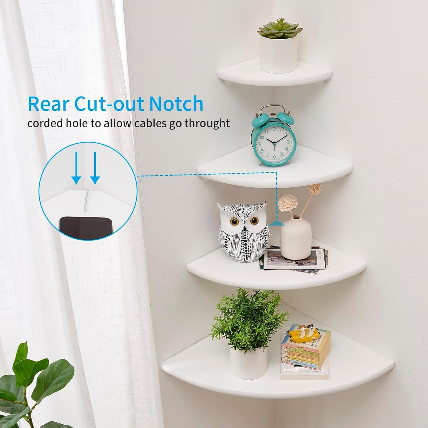 Corner Shelf, White Floating Corner Shelf, Set of 2 10inch Solid Oak Wood Wall Shelves, Round End Wall Mount with Wire Hole for Small Plant for Bedroom Kitchen, Living Room