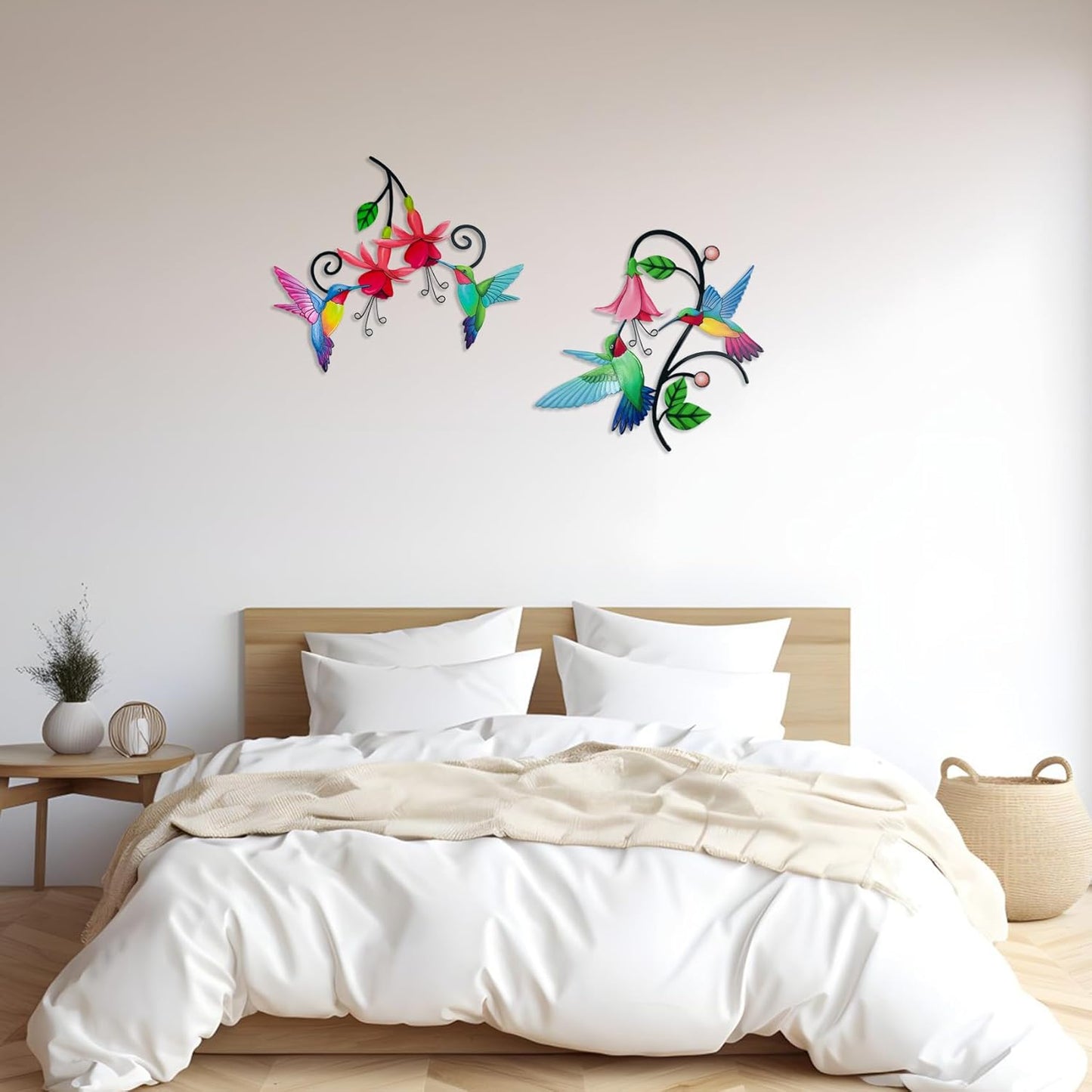 2 Pack Metal Hummingbird & Flower Outdoor Wall Art Decor, Creative Wall Decor for Patio, Fence, Deck, Garden, Home, Kitchen, Balcony