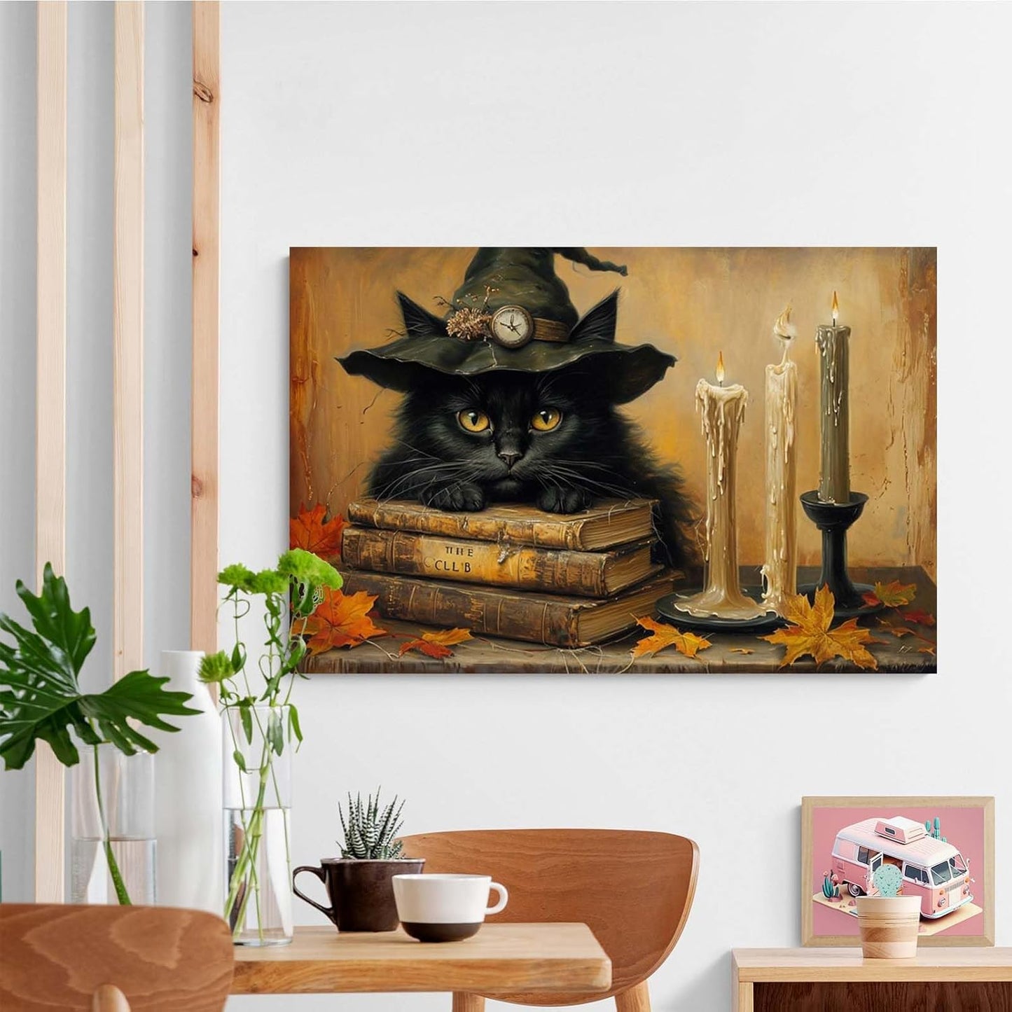 Vintage Halloween wall decoration black cat and magic book suitable for home bedroom living room decoration dark classic art witch wall decoration20x30in Wood Framed