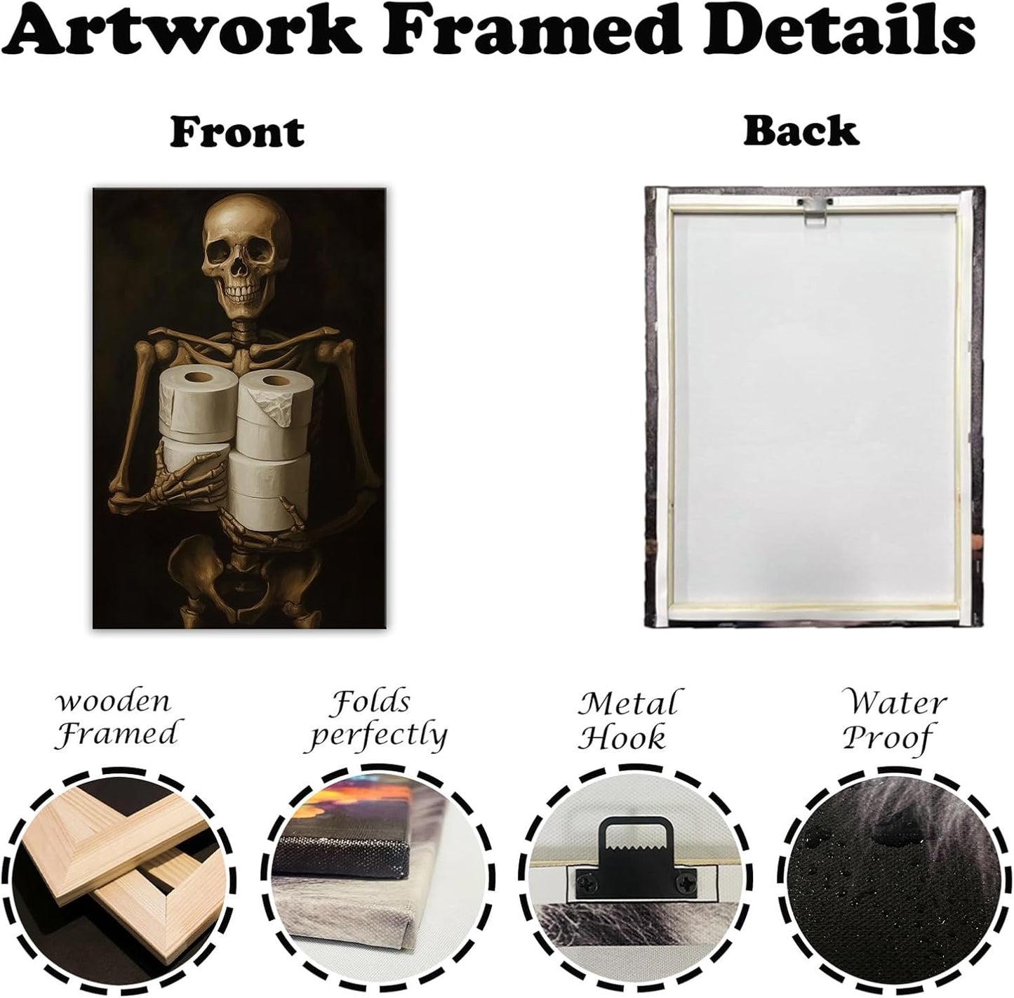 Gothic Skull Wall Art Funny Skeleton with Toilet Paper Canvas Print Vintage Skull Painting Framed Artwork for Living Room Home Halloween Wall Decor(Artwork-8,12"x18")