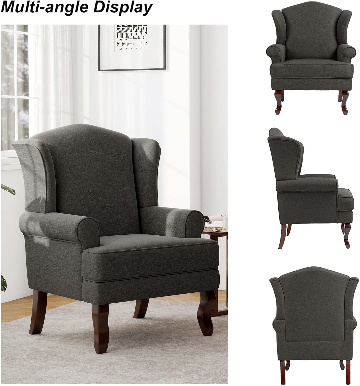 Accent Chair, High Back Upholstered Armchair with High Resilience Sponge & Wood Legs, Mid-Century Modern Comfy Single Sofa Reading Chairs for Living Room, Bedroom (Dark Grey, Set of 2)