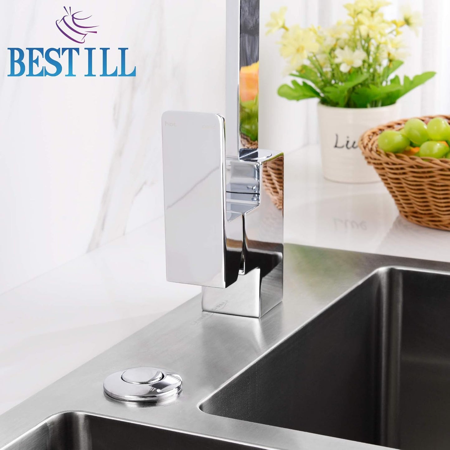 BESTILL Garbage Disposal Air Switch Kit - UL Listed, Cordless Sink Top Switch Button for Waste Disposer, 3.6" Long Push Button with Brass Cover, Polished Chrome, Compatible with all Garbage Disposals