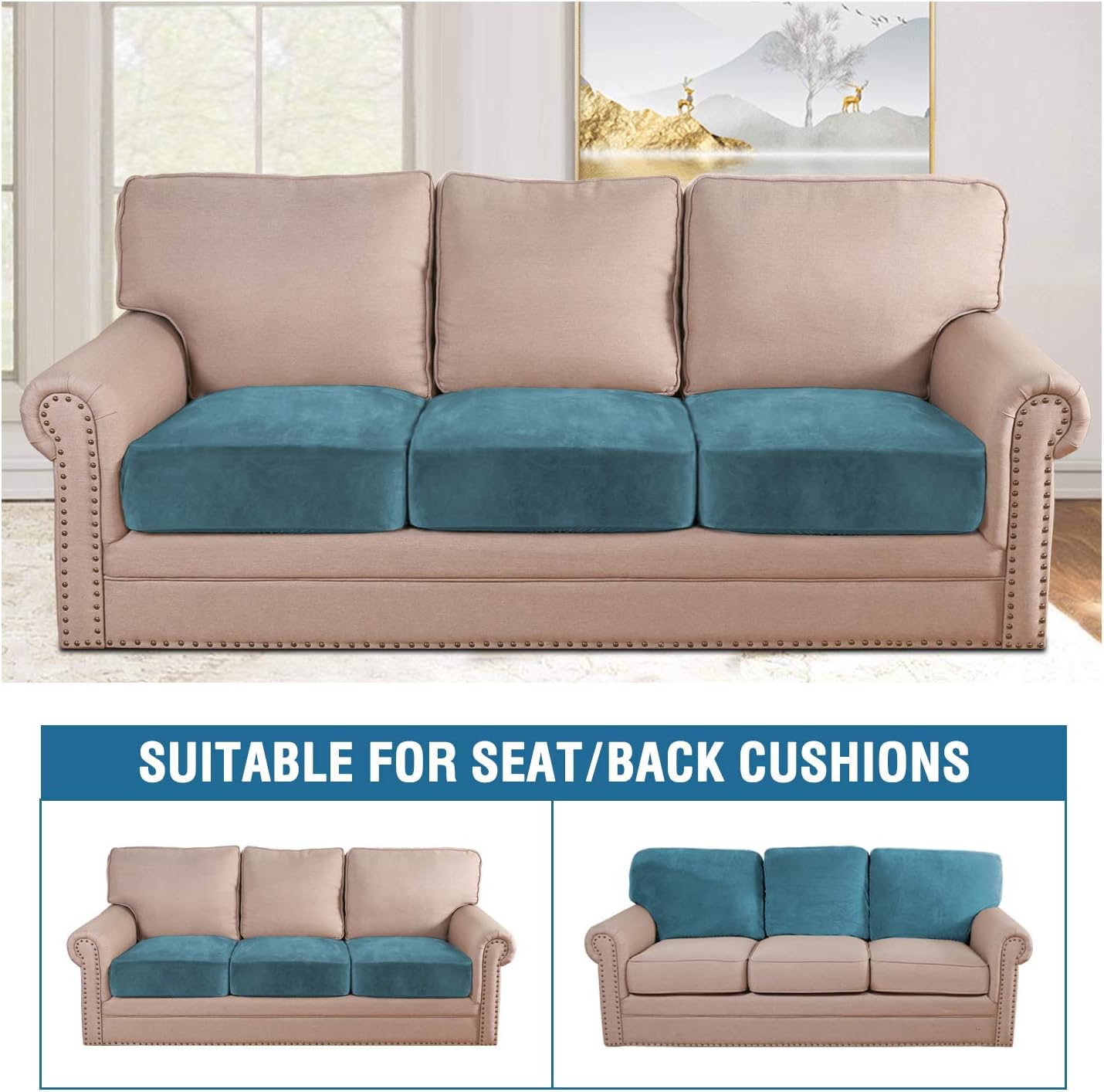 H.VERSAILTEX Velvet Stretch Couch Cushion Cover Plush Cushion Slipcover for Chair Loveseat Sofa Cushion Furniture Protector Seat Cushion Sofa Cover (3 Piece Sofa Cushion Covers, Peacock Blue)