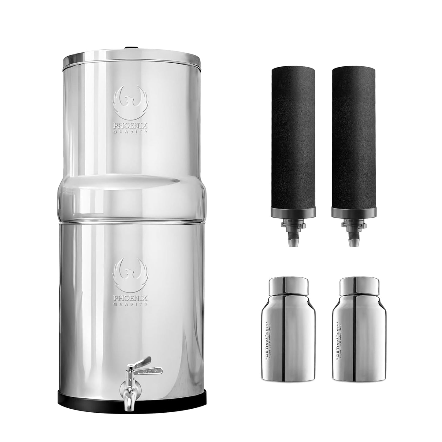 1.5 Gallons NSF Certified AISI 304 Stainless Steel Water Filter with 2 Smart Carbon (Black) Filters, 2 POSTreat Steel Fluoride Removal Elements & Free Stainless Steel Spigot