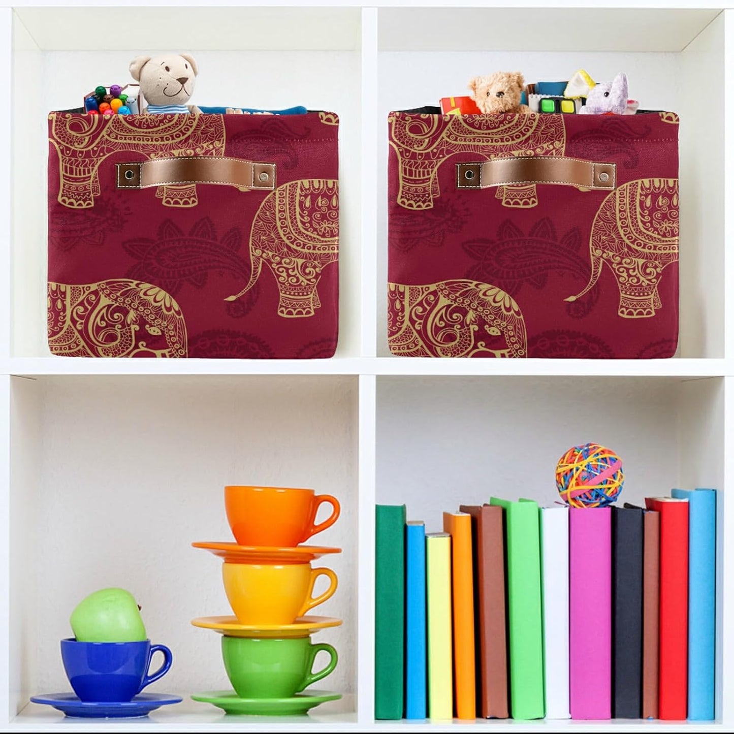 susiyo Foldable Storage Bins Large Collapsible Fabric Storage Baskets with Leather Handles Organizing Box for Shelves Home Bedroom Nursery Office 1 Pack，Indian Tribal Elephants