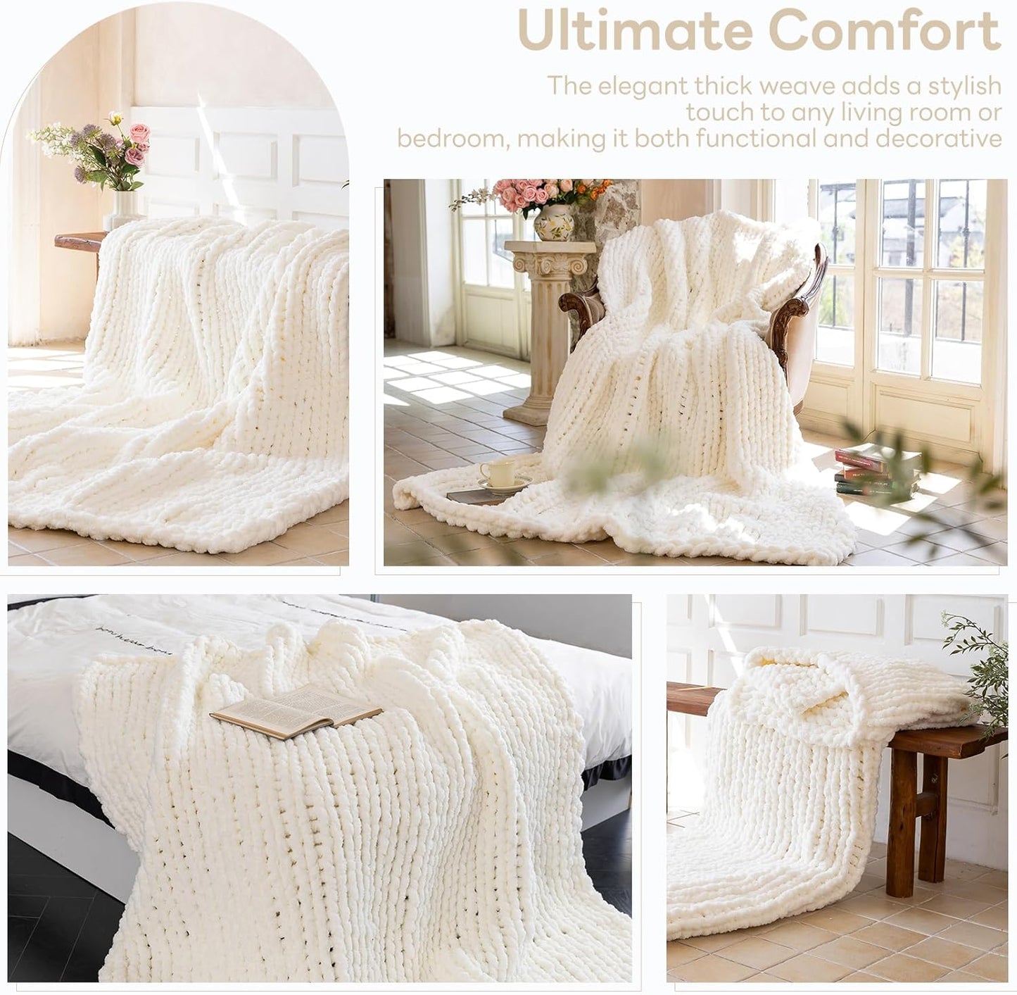 Chunky Knit Blanket - Luxury Soft Cozy Extra Large Size (80 * 90) Throw Blanket,100% Woven Blanket Rope Knot Throw Blanket for Couch, Sofa, Home Decor, Gift - Machine Washable（Milk White ）