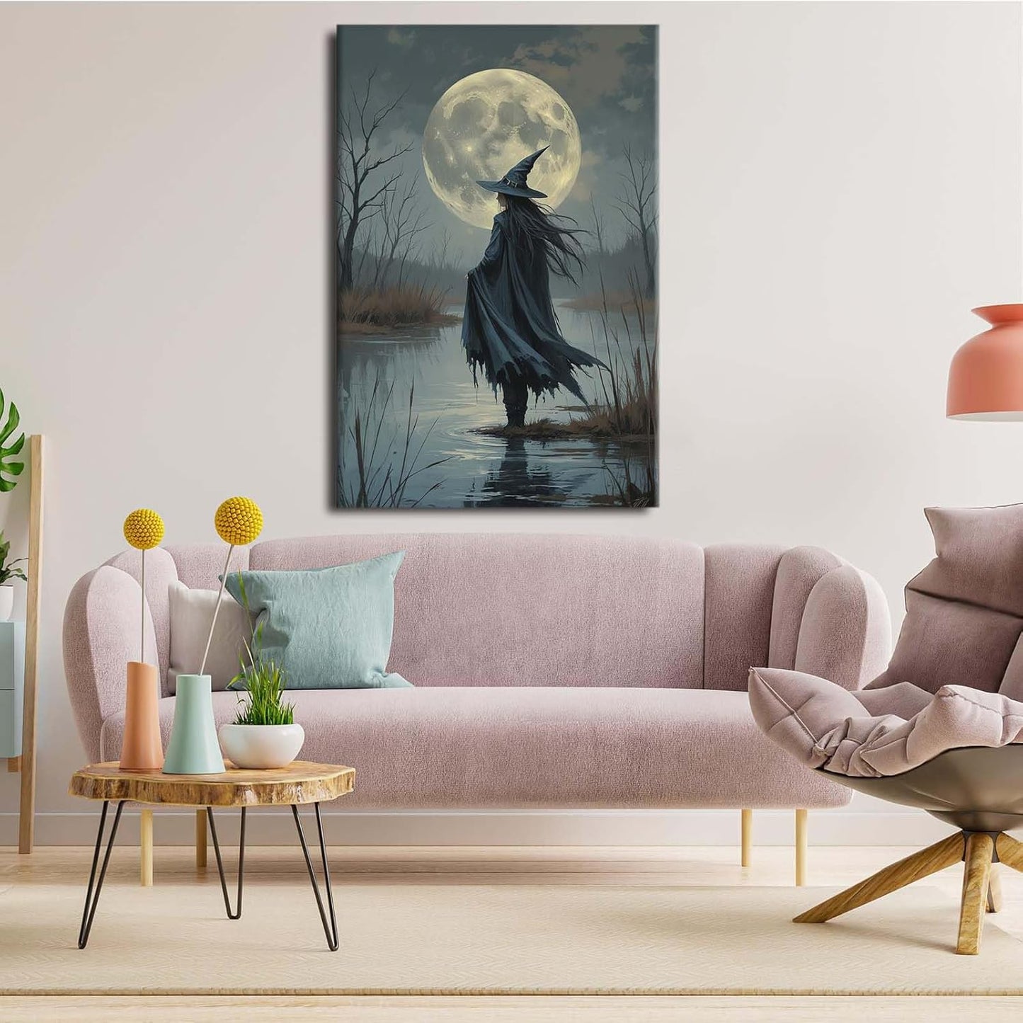 Witch in the moonlight magic canvas wall art enchanting Halloween home decor swamp witch silhouette oil painting mysterious gothic aesthetic wall decor print poster8x12in Wood Framed