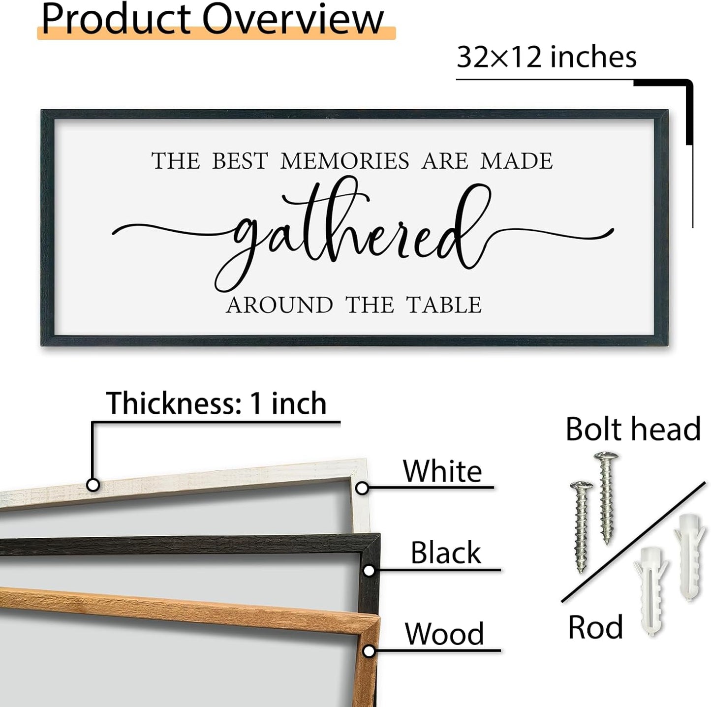 SRSZHIYUE The Best Memories Are Made Gathered Around The Table Sign Wall Decor Art 32"×12" for Kitchen Dining Room Large Wood Framed Wall Hanging (Black)