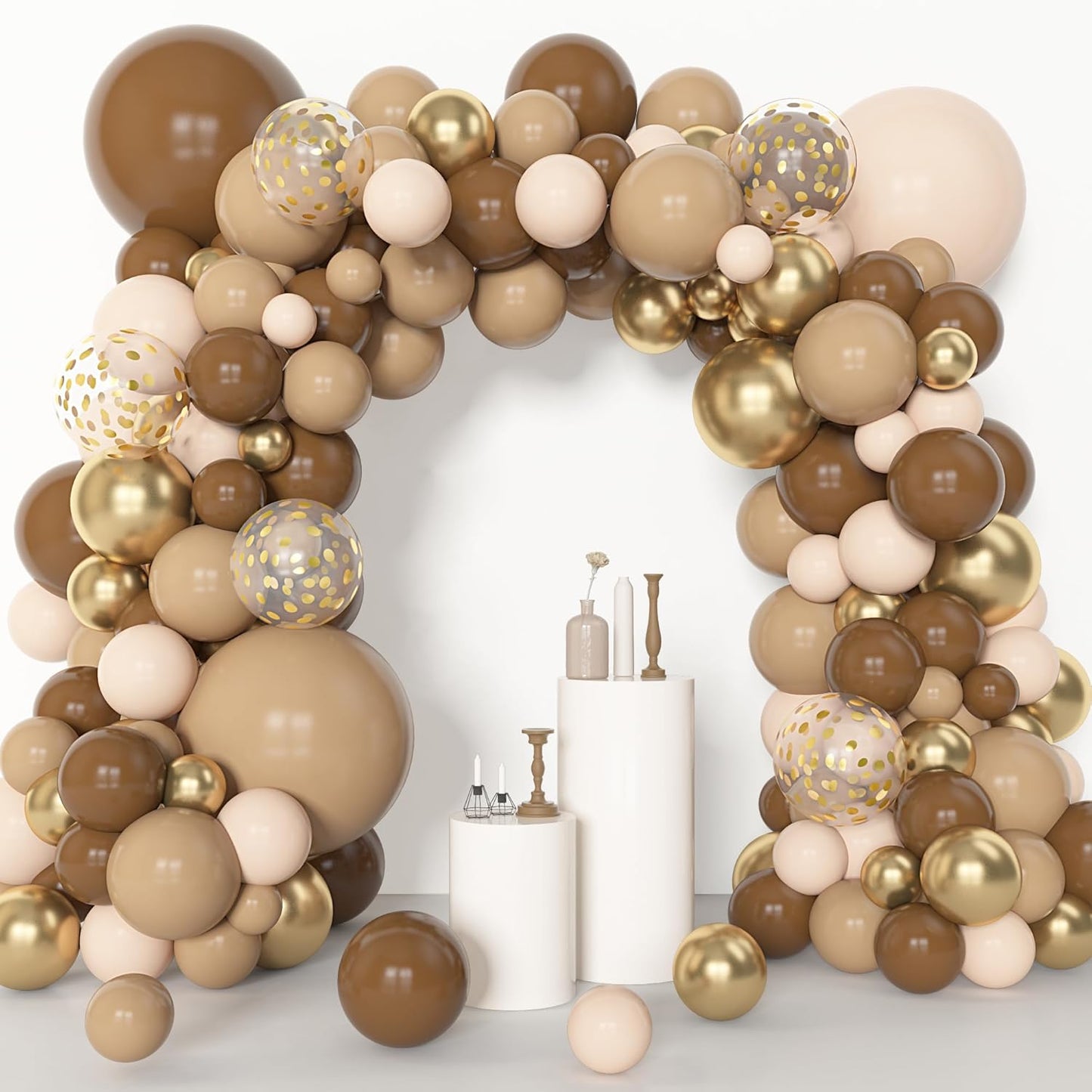 Amandir 153pcs Brown Balloon Garland Arch Kit, Different Sizes 18 12 10 5 inch Brown Nude Latex Metallic Confetti Gold Balloons for Neutral Bear Baby Shower Safari Birthday Party Decorations Supplies