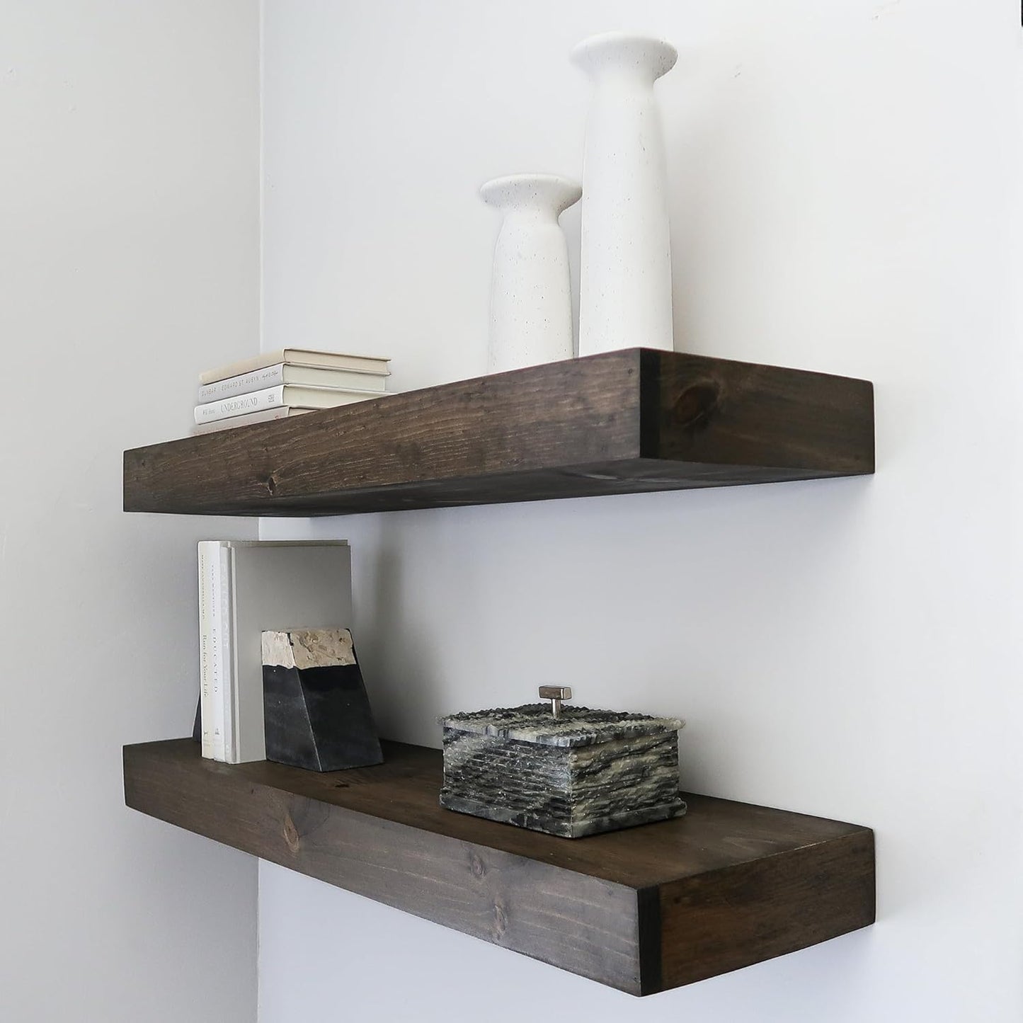 Modern Floating Shelves 3 Inches Thick for Wall, Wide Shelves for Kitchen, Living Room, Bedroom, and Bathroom, Natural Pine Wood, Rustic Wooden Shelf, (Set of 2) (Jacobean, 60Lx3Hx6D)