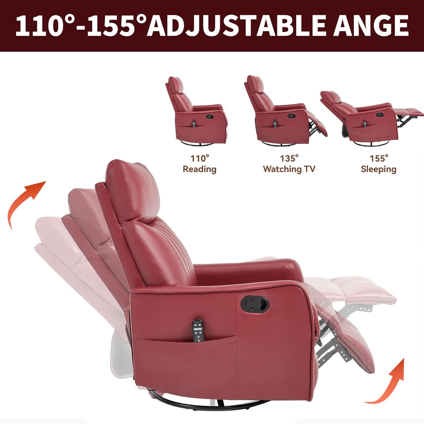 Manual Swivel Rocker Recliner Chair for Adults, Overstuffed Reclining Glider Chair for Nursing with Vibration Massage & Heat, Living Room Rocking Recliner 2-Stage backrest, Faux Leather Red