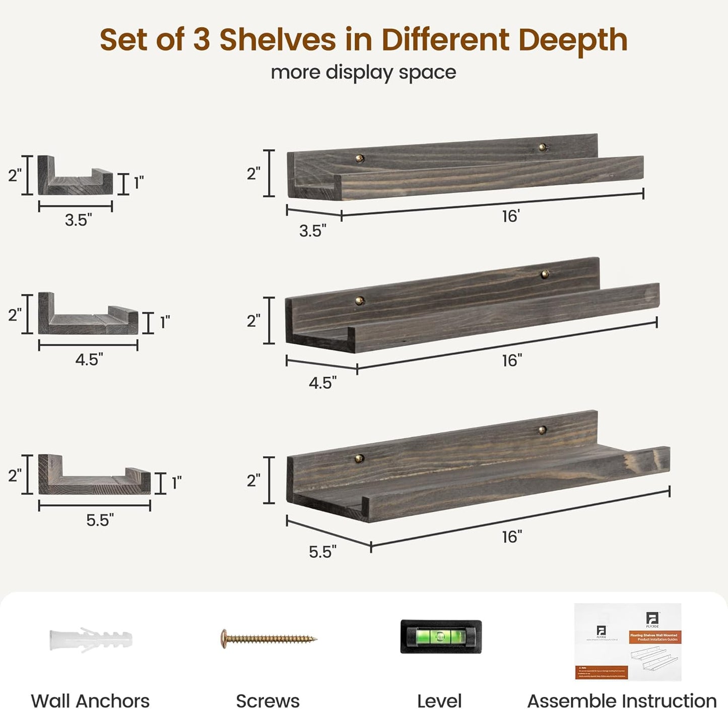 Picture Ledge Wall Shelves - Set of 3, 16 Inch Width, Solid Pine Wood Rustic Floating Ledge Shelves for Kids' Room, Bedroom, Kitchen, Bathroom, Living Room, Nursery Display Decor, Grey