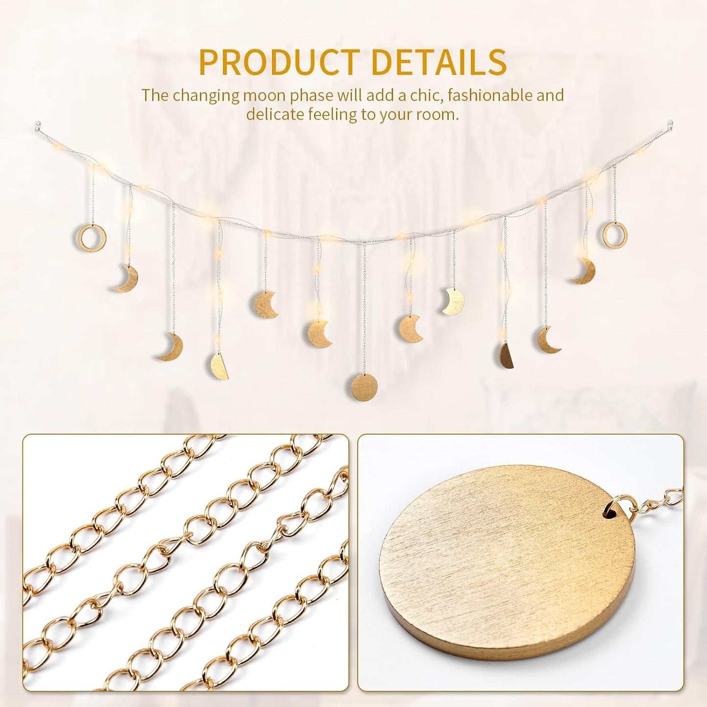 Moon Phase Wall Decor with LED String Light, 13 Gold Wood Boho Wall Hanging Decor Mood Garland 56'' - Celestial Phases Moon Decor in Bohemian Style for Bedroom Home Living Room
