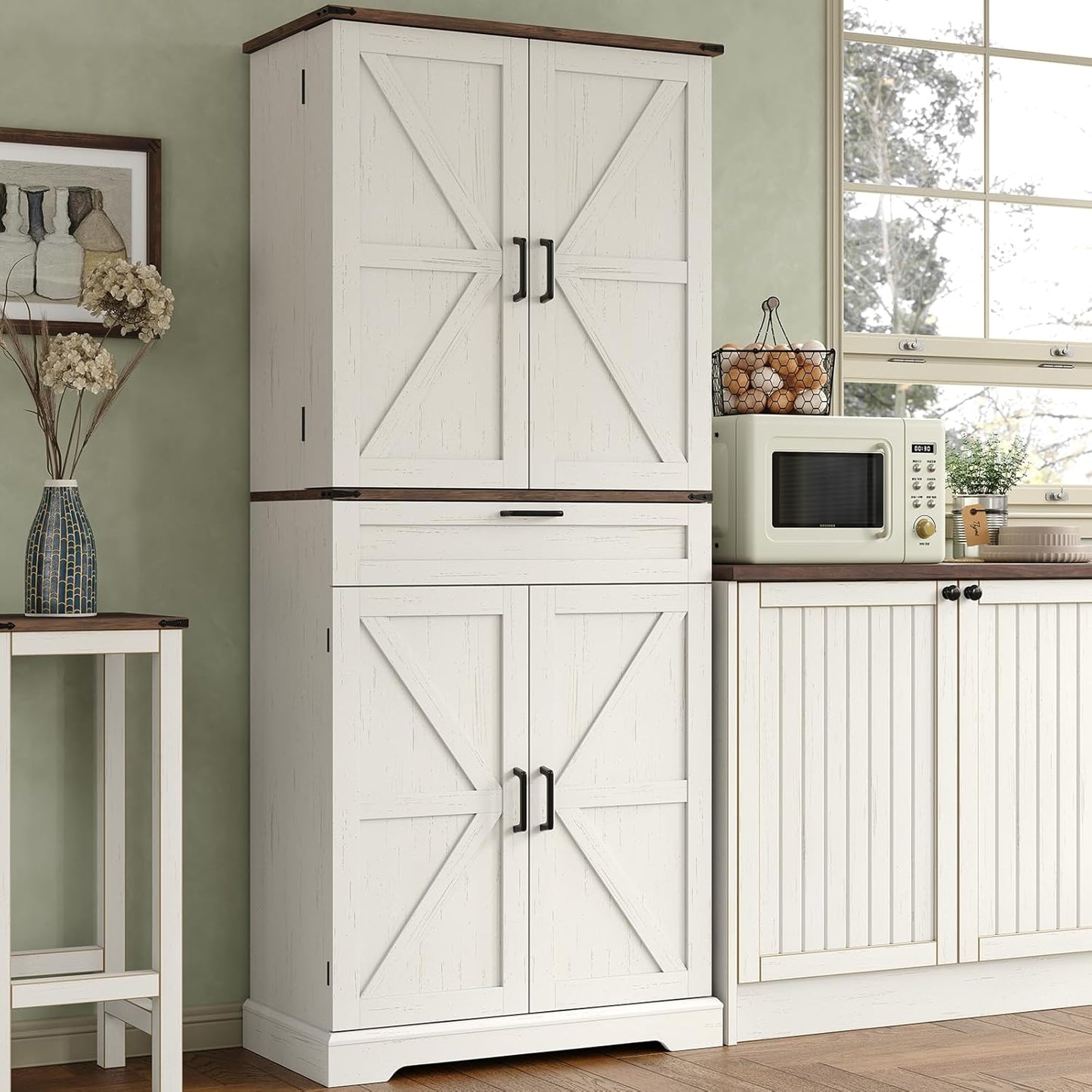 72'' Kitchen Storage Pantry Cabinet, Tall Storage Cabinet with 8 Door Shelves, 2 Cabinets and 1 Drawer, Freestanding Cupboard for Kitchen, Dining Room, Bathroom, Laundry, Off White