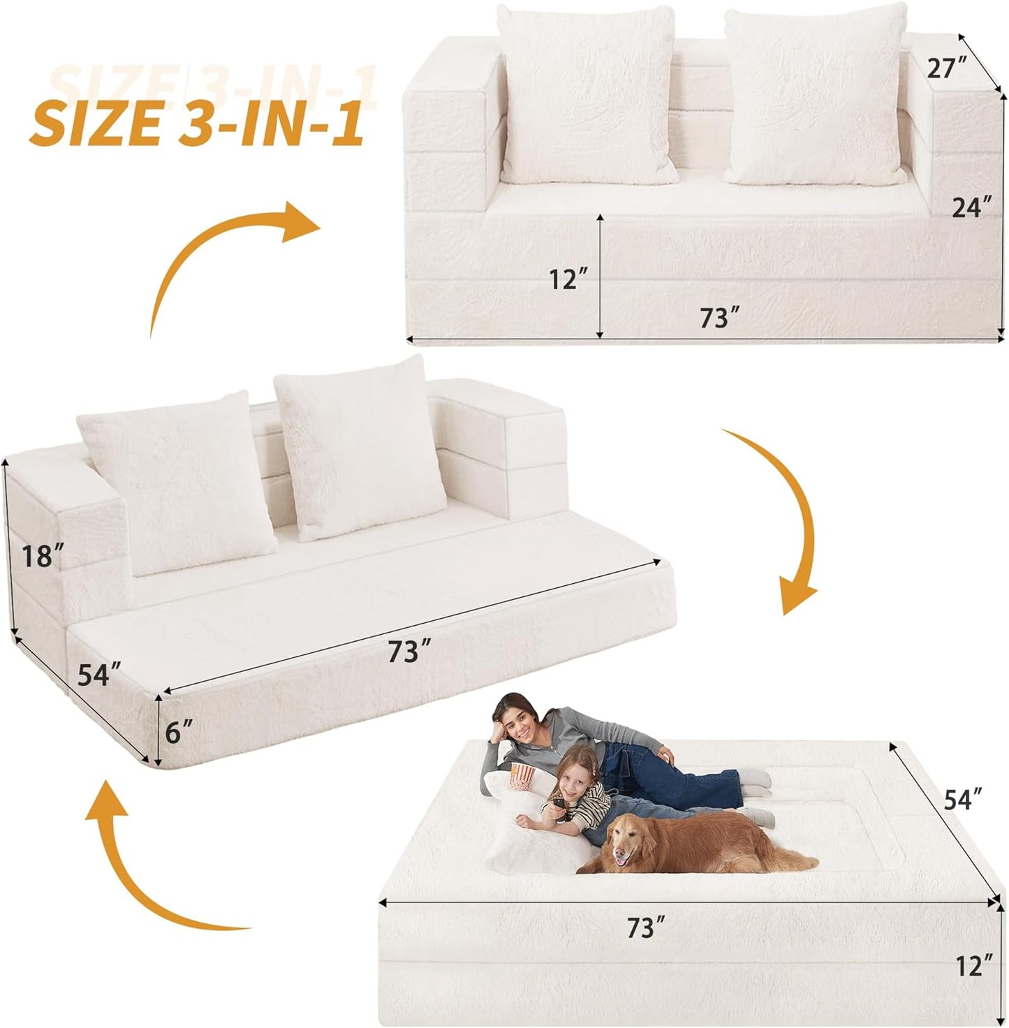 Folding Bean Bag Chair for Adults,3-in-1 Bean Bag Couch Faux Fur Floor Sofa Large Beanbag Convertible Bean Bag Sofa Bed with Pillow in Bedroom,Living Room,Apartment(Queen,Milky White)