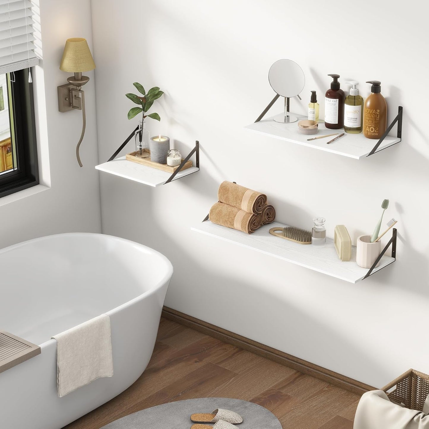 Fun Memories Floating Shelves Set of 2, 16" W x 12" D, White Ledges for Bedroom, Bathroom, 12" Deep Bookshelf Wall Mounted