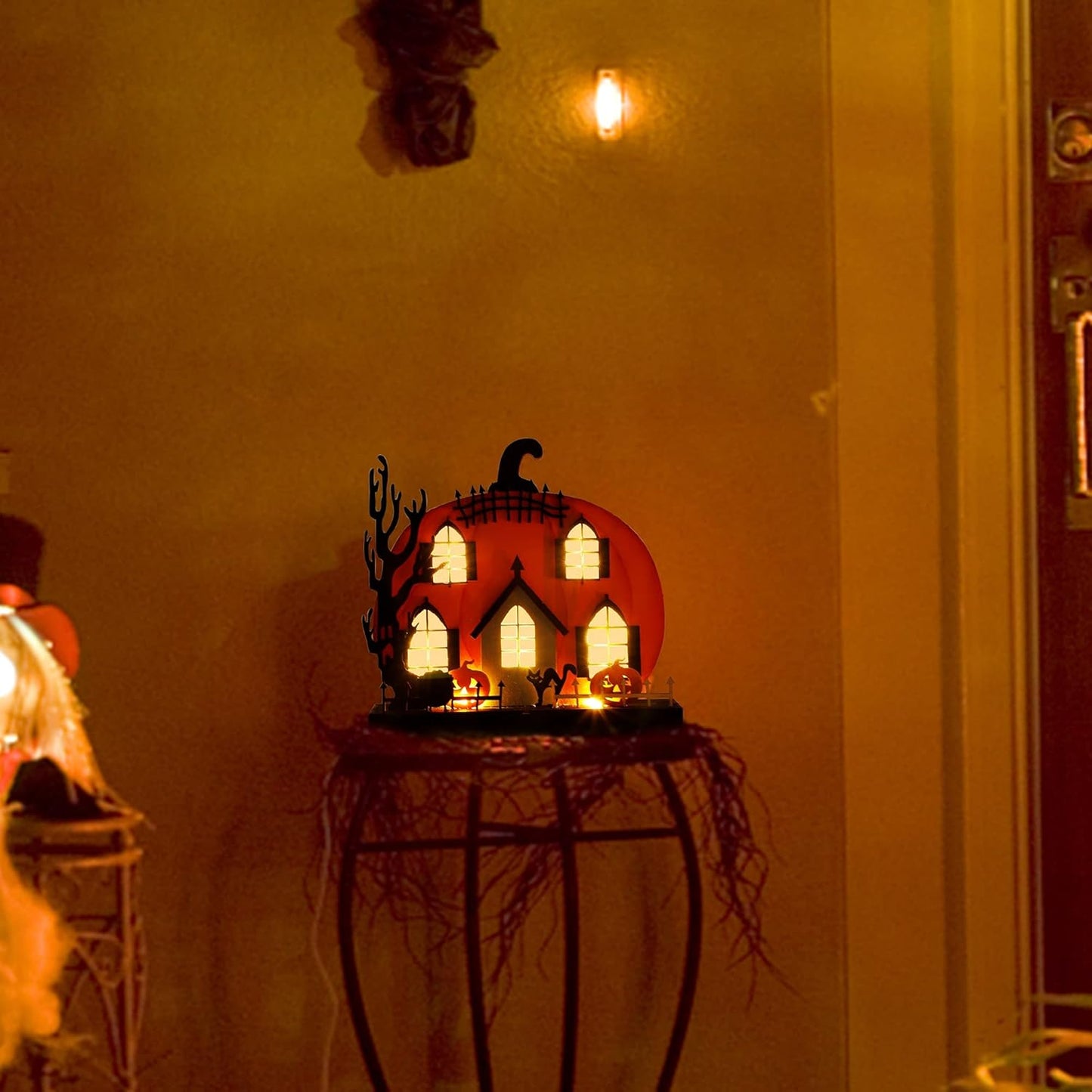 Lulu Home Halloween Tabletop Decoration, Wooden Lighted Pumpkin House Decoration Ornaments, Battery Operated Halloween Sign Indoor Fireplace Desk Kitchen Table Ornament, 9 x 9 x 2.1 INCH