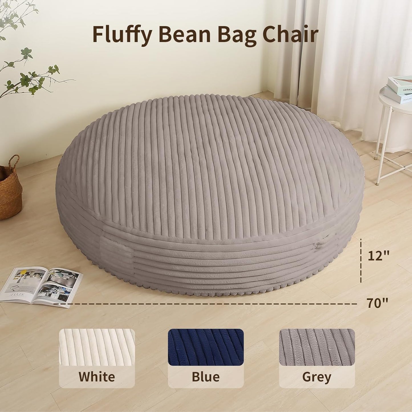 Memory Foam Bean Bag Chair, Bean Bag Bed with Fluffy Removable Cover, for Living Room Bedroom, 6FT Grey