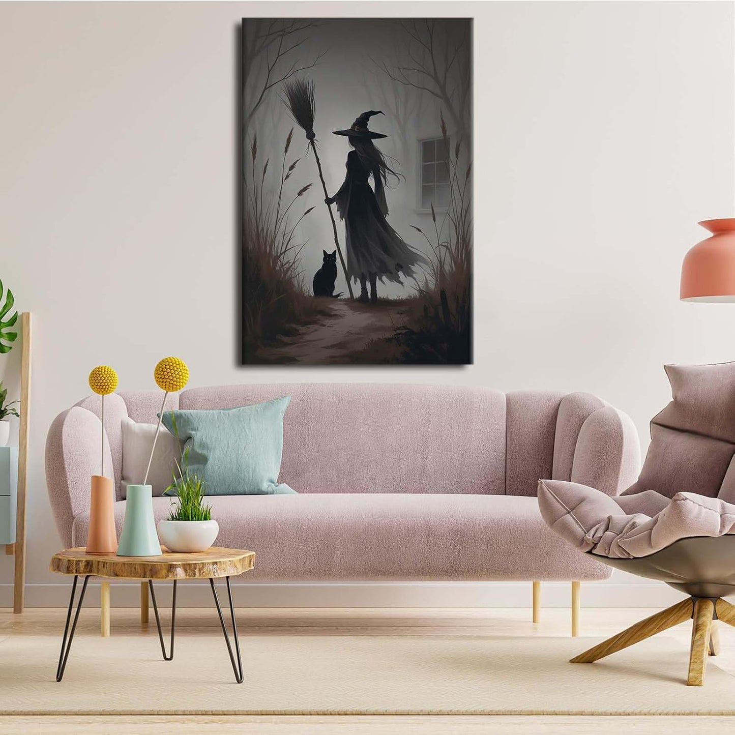 JFHCQJPK Vintage forest witch and black cat poster Halloween mural poster decoration mural art magic suitable for home living room bedroom32x48in Frameless