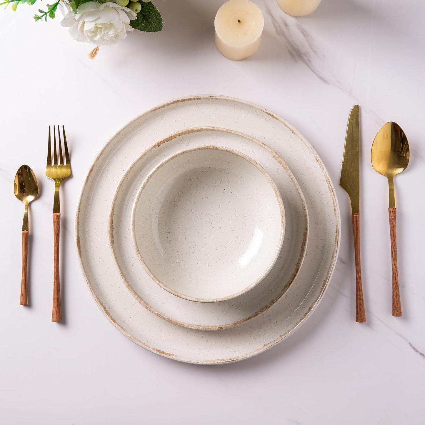 AmorArc Ceramic Dinnerware Sets, Wavy Rim Stoneware Plates and Bowls Sets, Highly Scratch Resistant | Dishwasher & Microwave Dishes set, Service for 6 (18pc)-Speckled Cappuccino