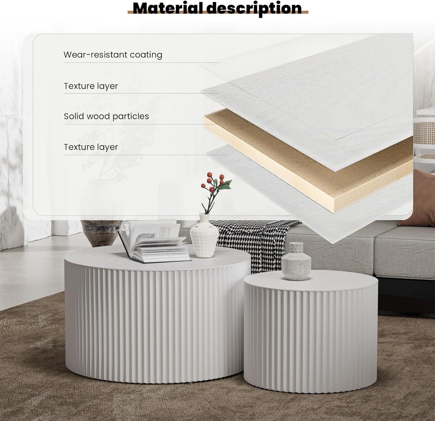 Round Nesting Coffee Table Set of 2 Handcraft Circle Fluted Nesting Coffee Tables Circular Side Table Drum Accent End Tables for Living Room Bedroom (White A Large)