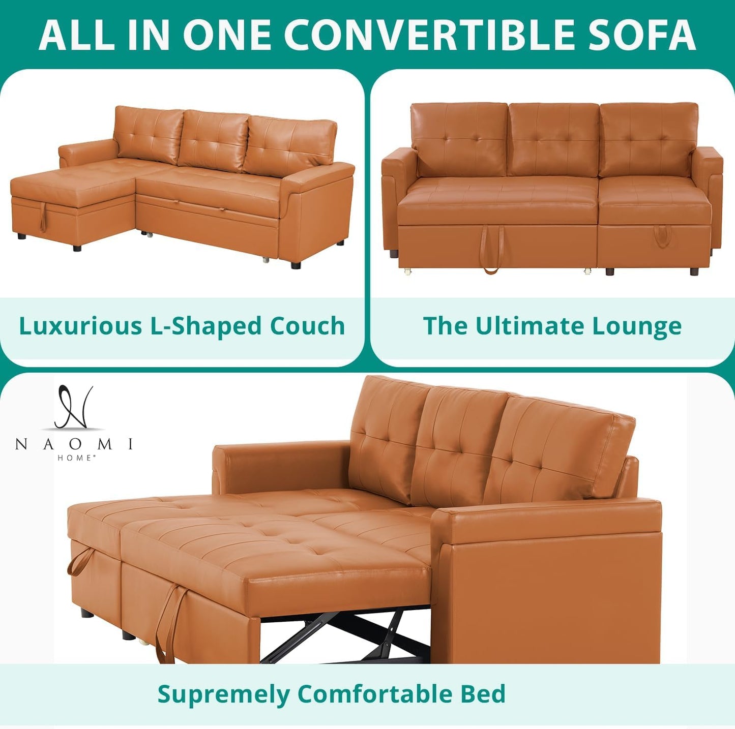 Naomi Home L-Shaped Reversible Sectional Sofa with Pull-Out Sleeper Bed and Storage Chaise, Caramel Air Leather