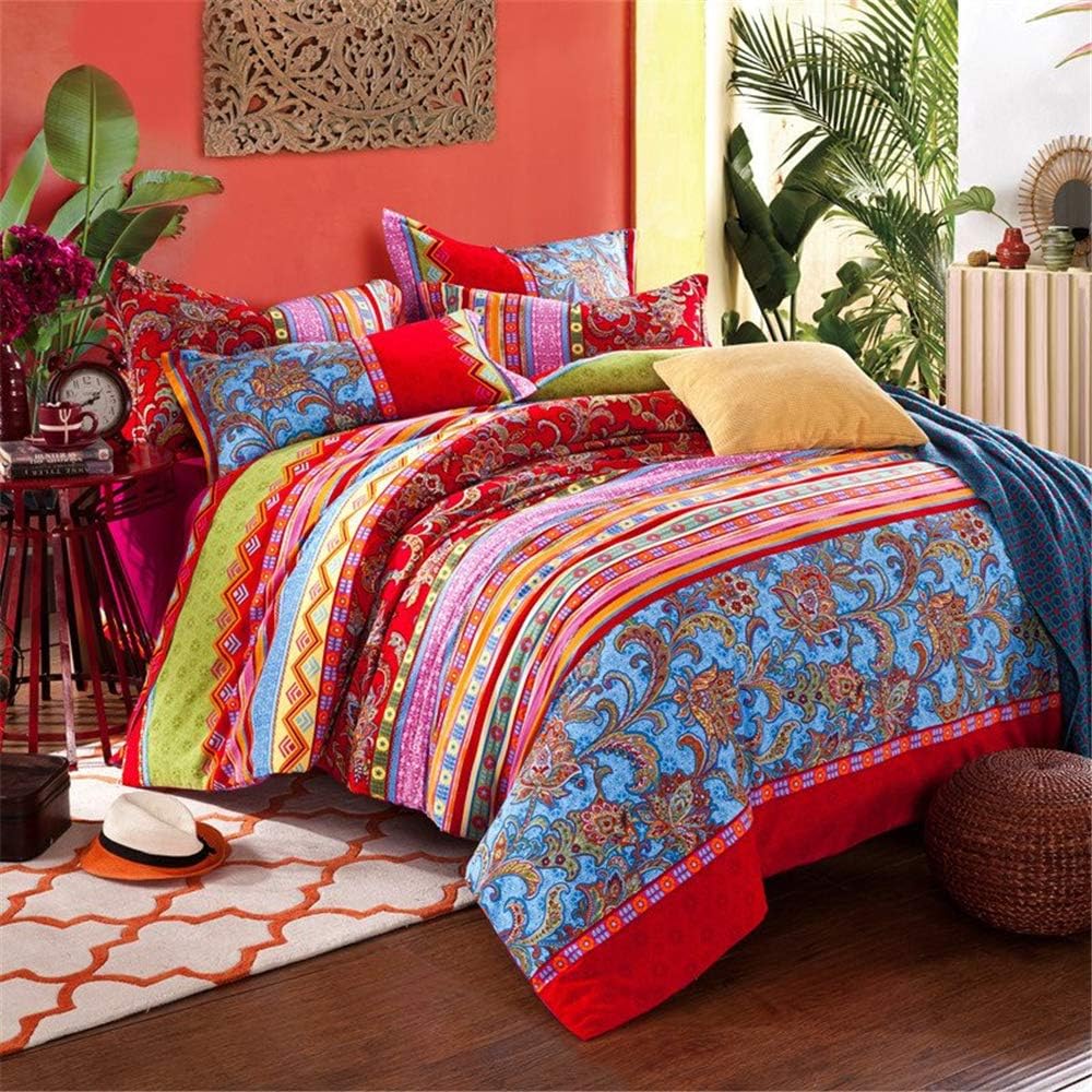 ABREEZE Bohemian Duvet Cover Set Colorful Red Boho Retro Bedding Set Damask Paisley Cotton Duvet Cover Tribal Reversible Bedding Exotic Style Comforter Cover 3-Piece Queen