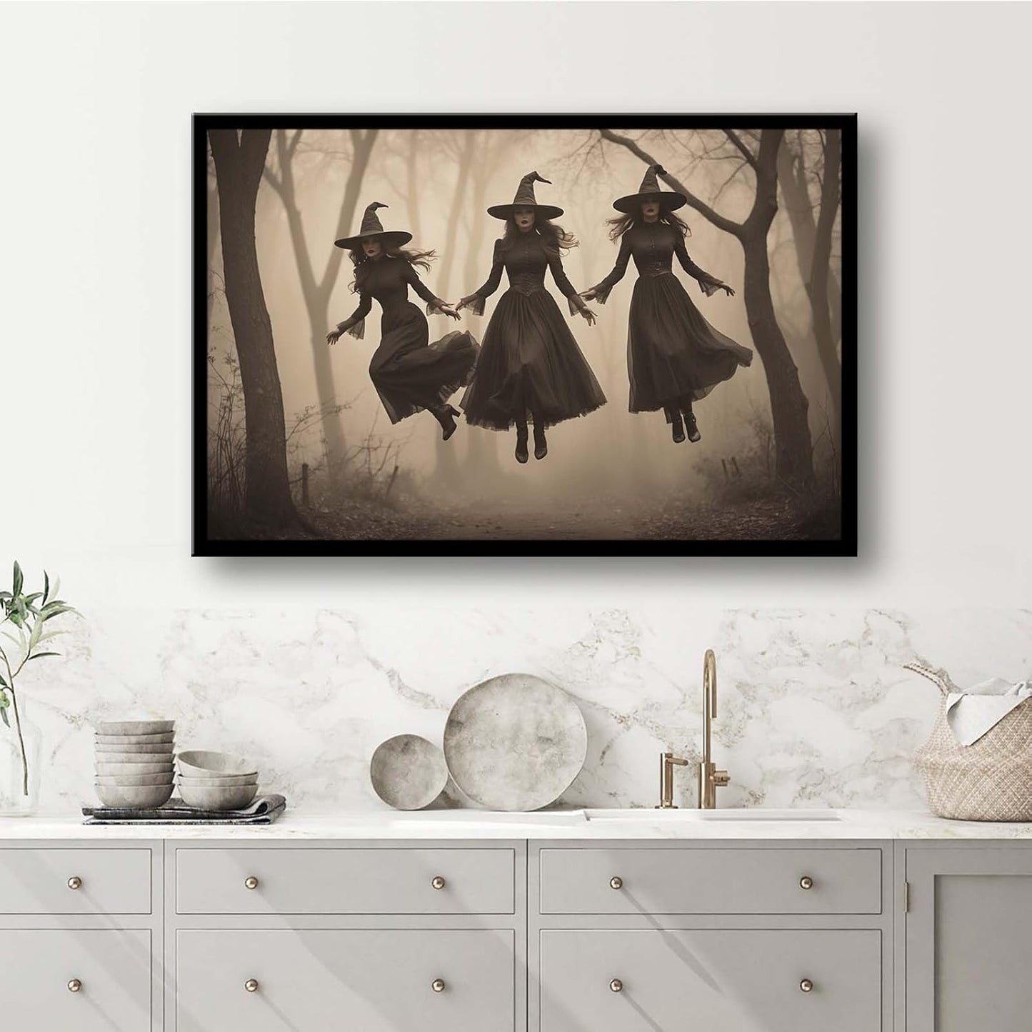 JFHCQJPK Three ghost witches flying in vintage forest gothic wall art witchcraft decoration holiday gift canvas wall art print20x30in Metal blackFramed