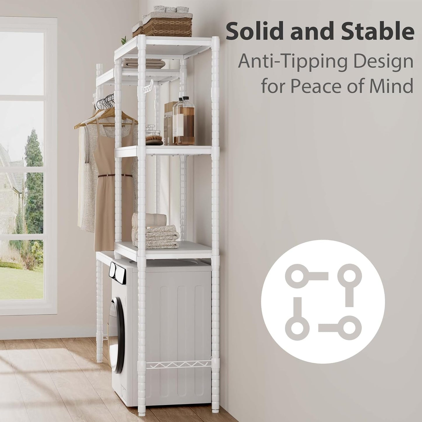 CABIHOME 5-Tier Over-The-Washer Shelf - Adjustable Height Laundry Organizer Space Saver, Double-Layer 100lb Shelves, 2 Hooks for Bathroom/Balcony (White)