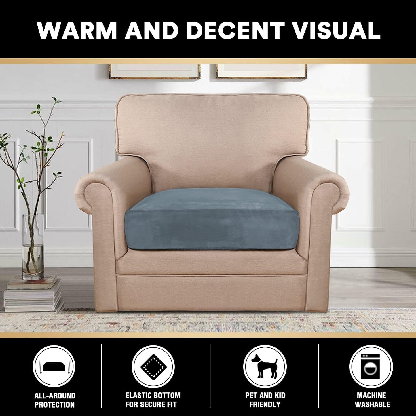 PrinceDeco Stretch Velvet Couch Cushion Cover,Soft Cushion Slipcover for Chair Cushion Fitted Sofa Cover Furniture Protector for Sectional Cushion Cover (Width Up to 29.5", Stone Blue)