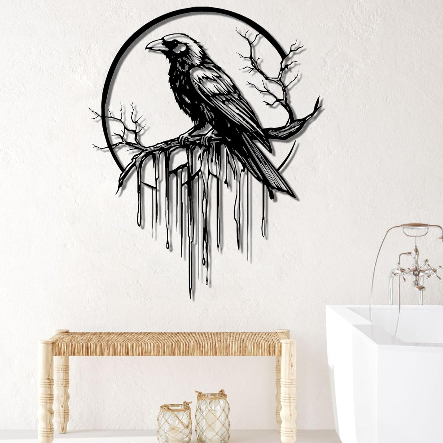 Crow Metal Wall Decor, Raven Wall Art, Large Gothic Raven Decor Hangings, Bird Wall Decor, Metal Tree Branch Decor, Ravens Sign, Raven Art for Living Room (White, 19"x15" | 47x38cm, metal wall art)