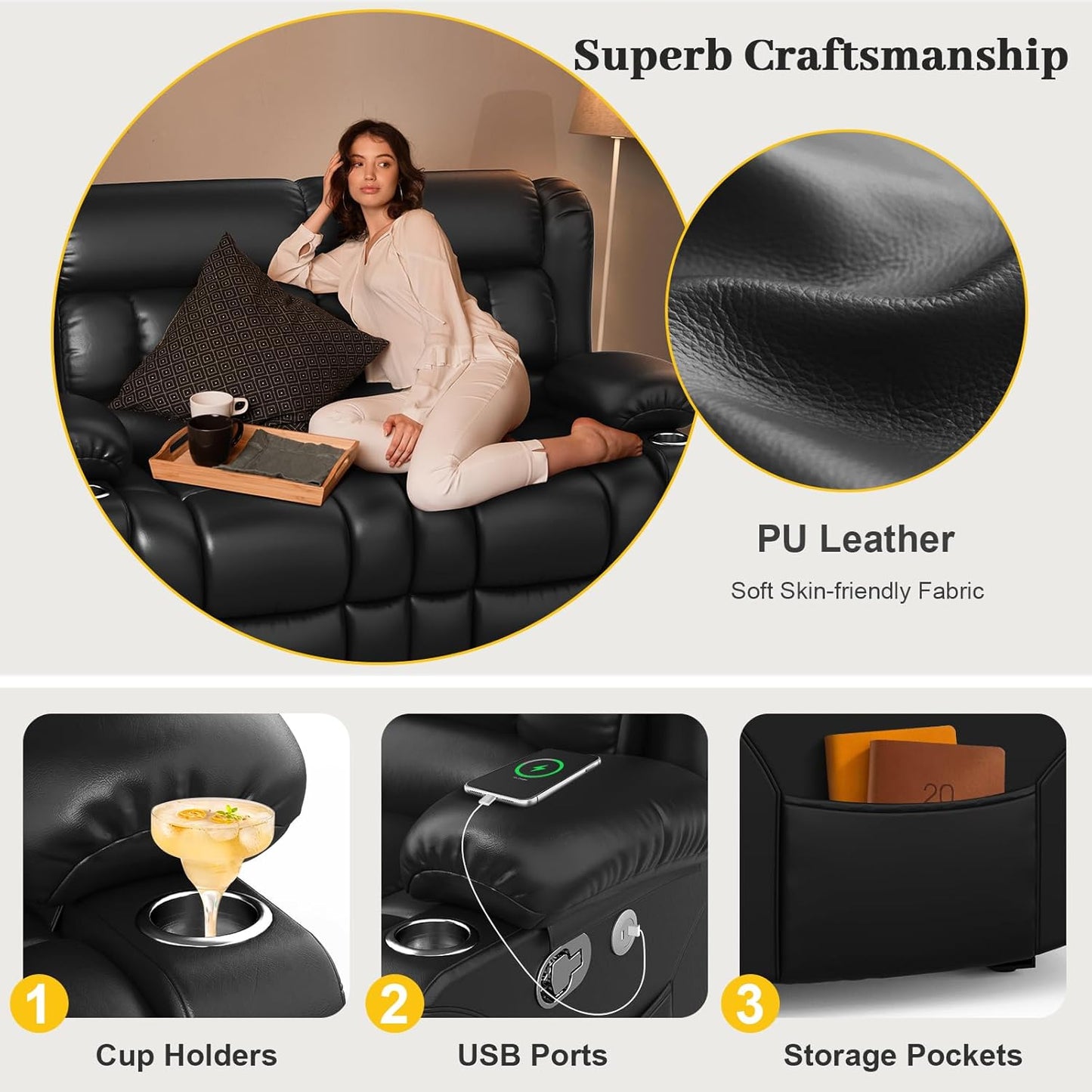 RV Loveseat Recliner Sofa, PU Leather RV Reclining Loveseat with USB Charge Ports, Cup Holders, 2 Seater Manual Pull Tab Recliner Sofa Couches for Living Room/RV, Black