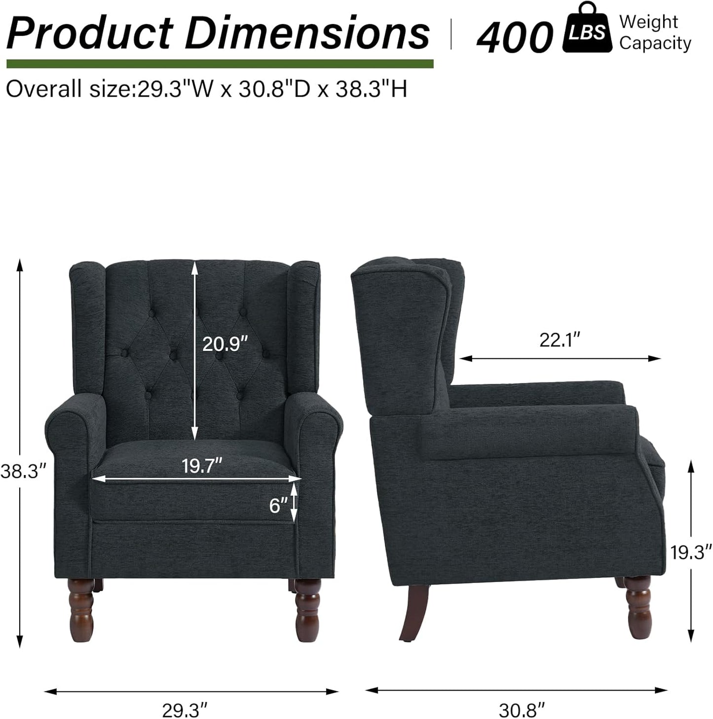Accent Chair, Upholstered Armchair with Button Tufted High Back & Solid Wood Legs, Comfy Wingback Reading Single Sofa Chair for Small Spaces, Living Room, Bedroom (Blue, Set of 2)