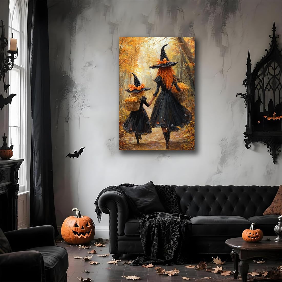 Mother Witch And Child Daughter Witch Wall Art,Halloween Autumn Woodland Forest Path Picture,Family Room Nursery Playroom Kids Room Decor,24"x36" Framed