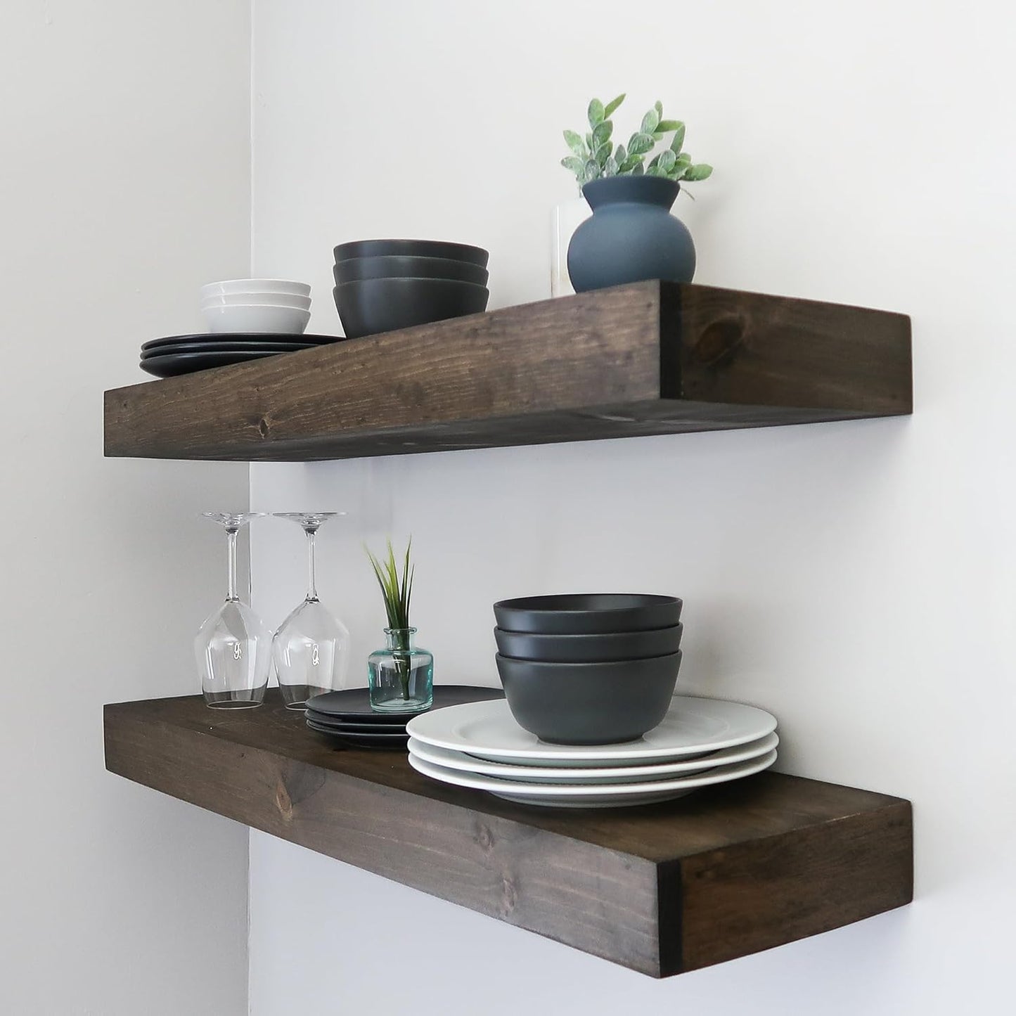 Modern Floating Shelves 3 Inches Thick for Wall, Wide Shelves for Kitchen, Living Room, Bedroom, and Bathroom, Natural Pine Wood, Rustic Wooden Shelf, (Set of 2) (Jacobean, 24Lx3Hx8D)