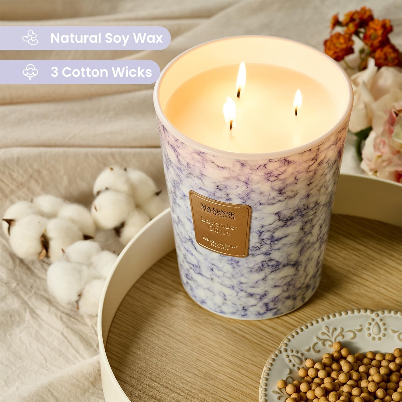 M&SENSE LavenderCitrus Scented Candles for Home, 3-Wick Highly Scented Jar Candles, Extra Large Candle 35 Oz 150 Hours Long Lasting Burning, Relaxing Aromatherapy Candle for Stress Relief, Meditation