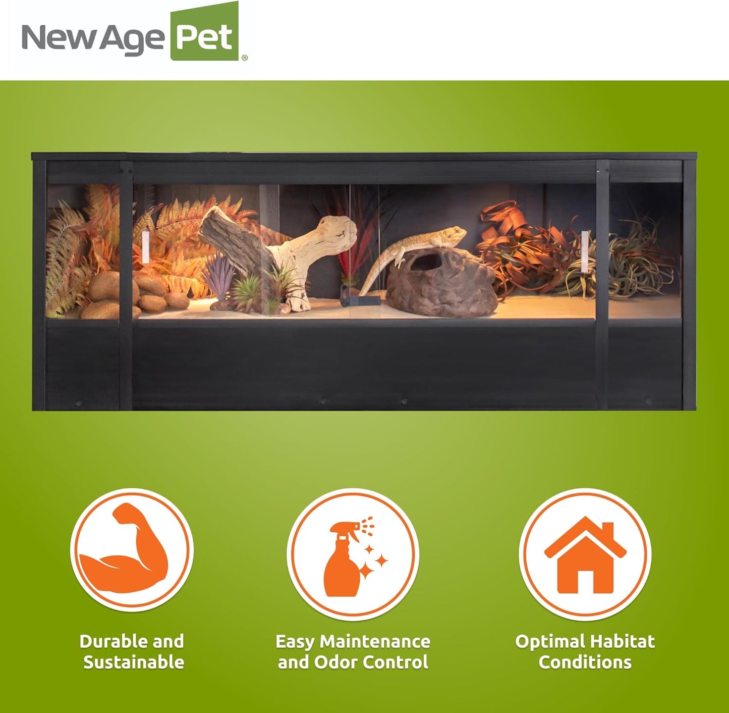 New Age Pet ECOFLEX 60 in Mojave Reptile Lounge in Espresso Black, Durable Wood Plastic Composite Habitat with Vented Side Panels, Removable Sliding Glass Doors, and Mesh Screen Top for Lamp Setup,