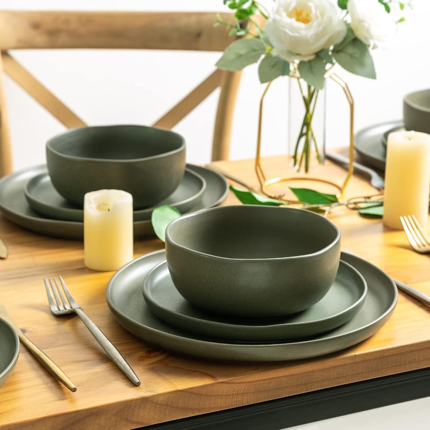 AmorArc Ceramic Dinnerware Sets, Wavy Rim Stoneware Plates and Bowls Sets, Highly Chip and Crack Resistant | Dishwasher & Microwave & Oven Safe Dishes set, Service for 6 (18pc)
