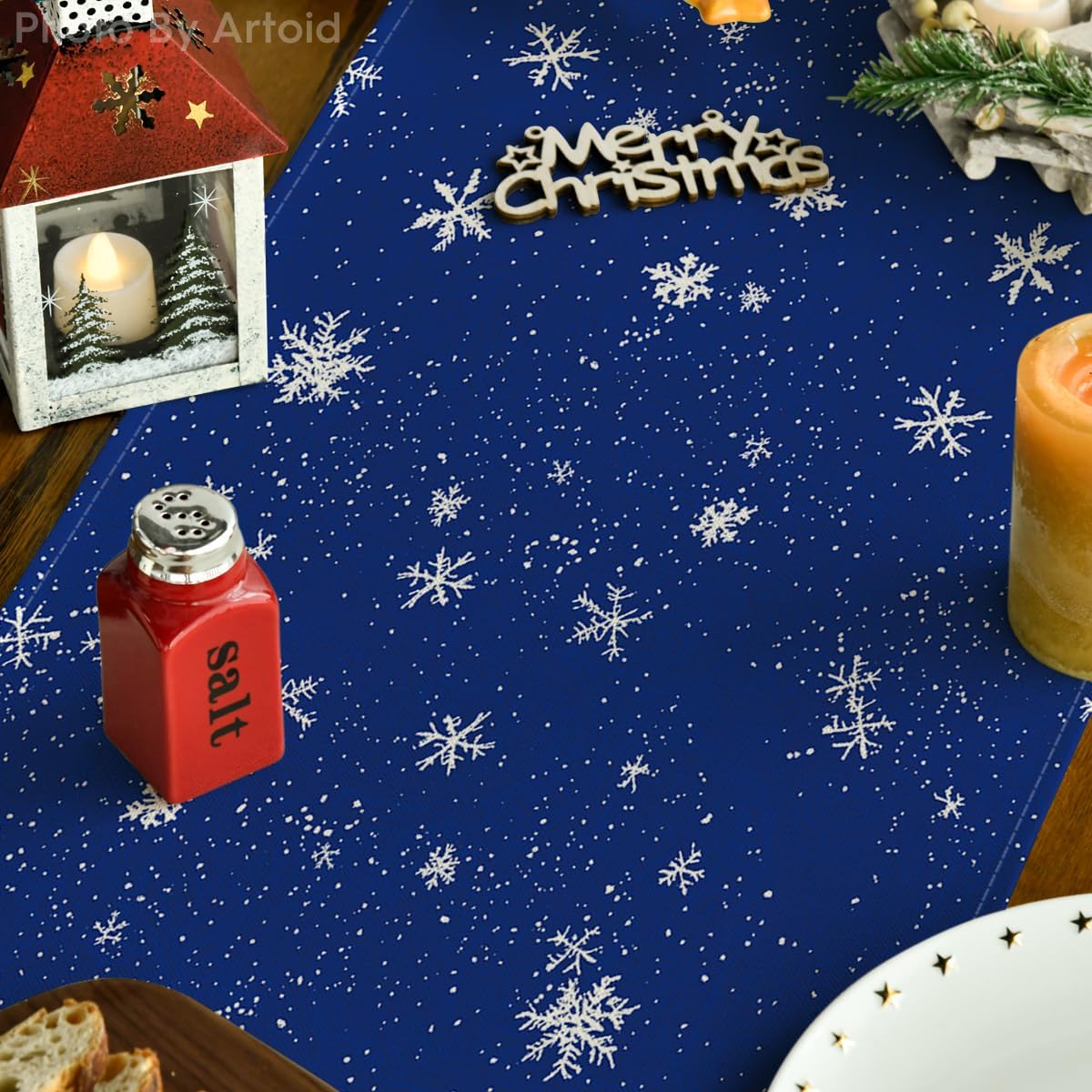 Artoid Mode Snowman Birds Trees Christmas Table Runner, Seasonal Blue Winter Holiday Kitchen Dining Table Decoration for Indoor Outdoor Home Party Decor 13 x 108 Inch