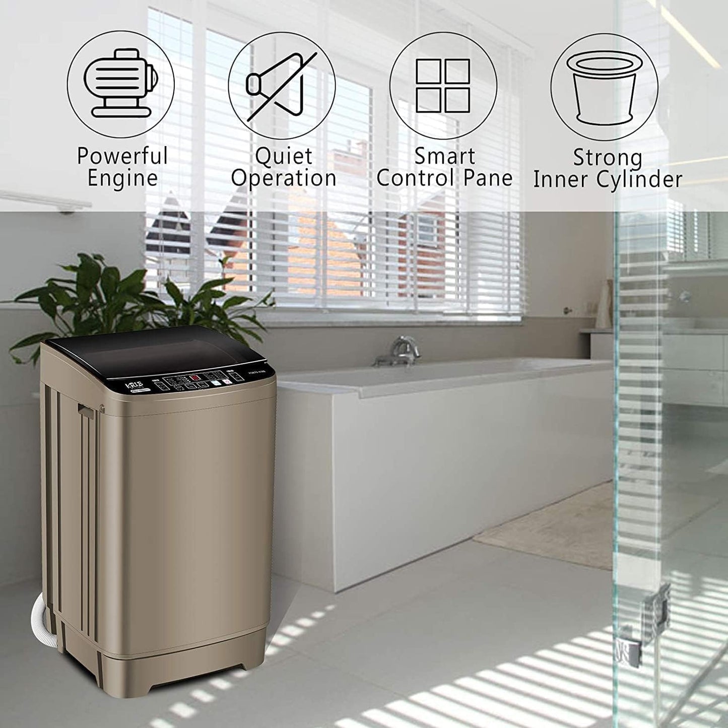 17.7 lbs Full Automatic Washing Machine with LED Display Compact Washing Machine with Drain Dump, 10 Wash Programs and 8 Water Levels Ideal for Dorms, Apartments, RV, Gold, KB03 GOLD6-3