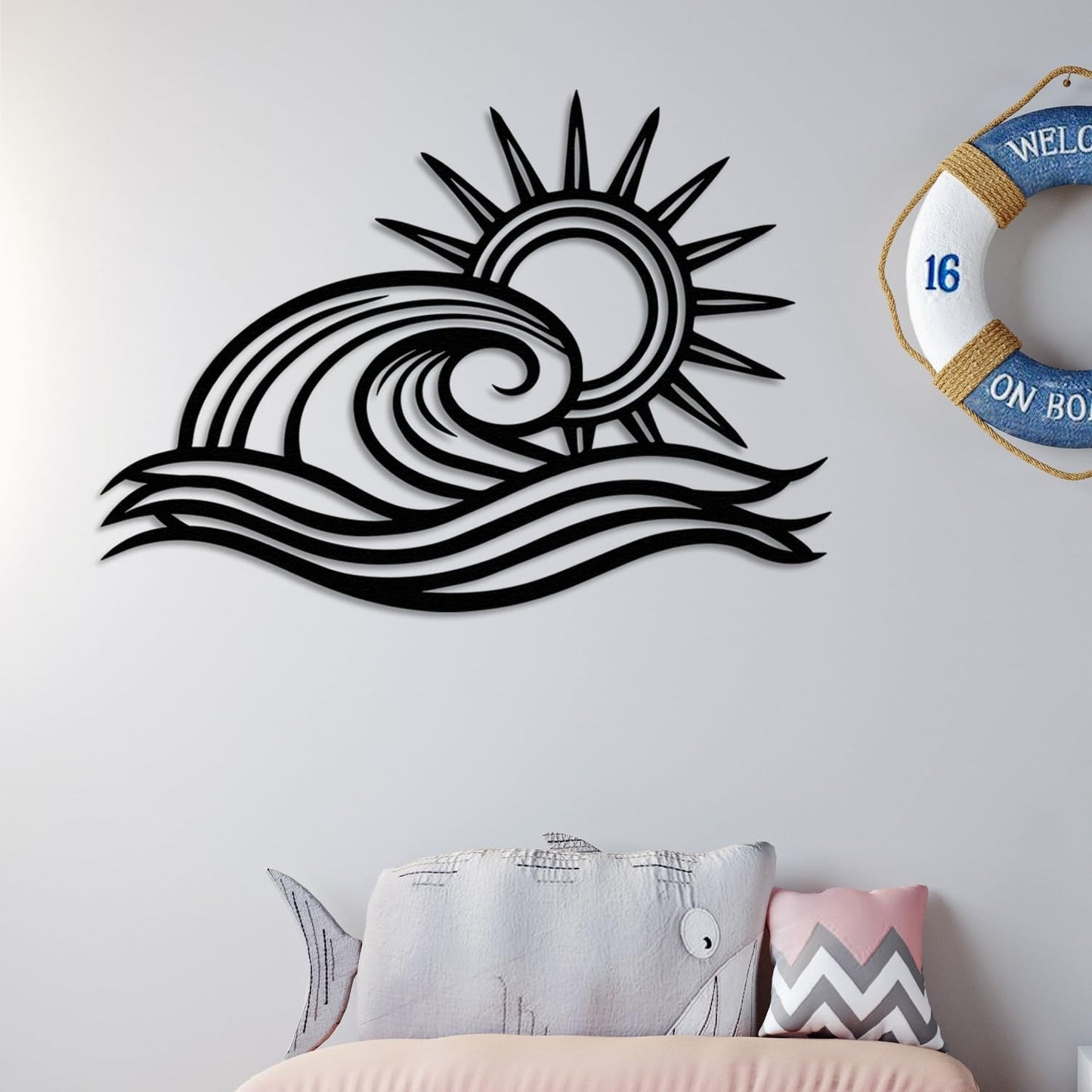 Wita Home Ocean Wave Metal Wall Art, Sun Beach Decor, Coastal Large Wall Sculpture for Home, Indoor/Outdoor Use, Nautical Wall Hanging, Eye-Catching Addition to Living Room (White, 40 x 23 inches)