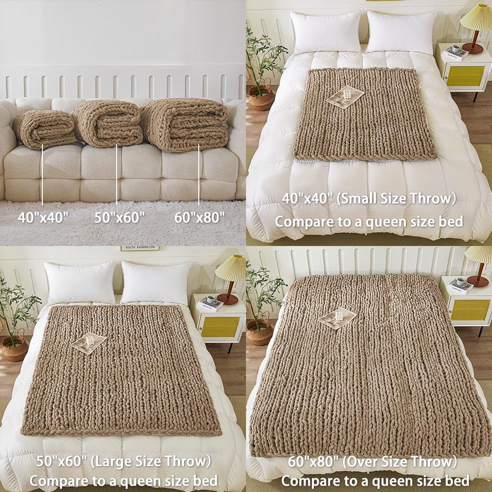 WESHIONGOO Chunky Knit Blanket Throw 50"×60" Knitted Throw Blankets for Couch Bed Fluffy Soft Blanket with Jumbo Chenille Yarn Thick 100% Handmade (Brown)