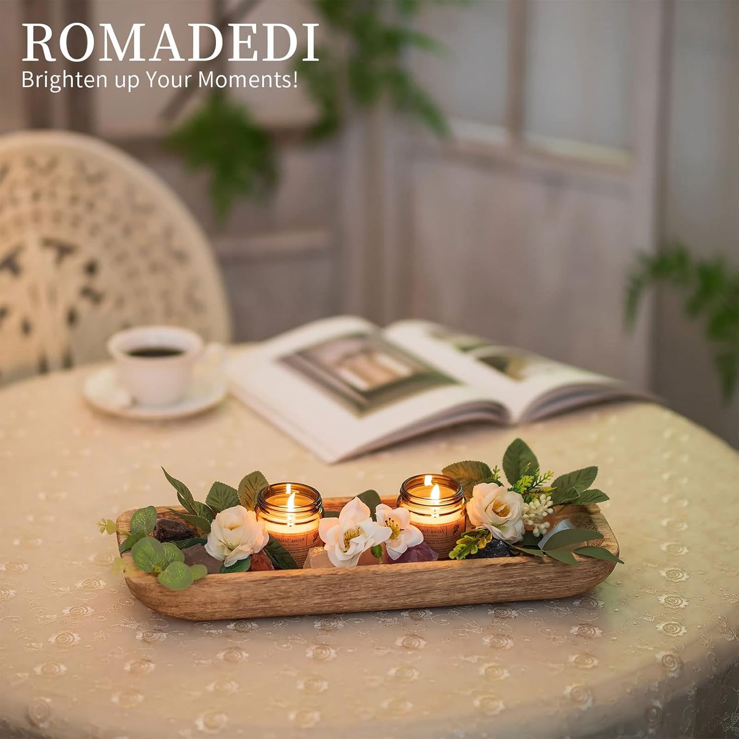 Romadedi Decorative Bowls for Home Decor, Wooden Dough Bowl for Decor, 16" Large Wood Bowl for Kitchen Table Centerpieces, Long Narrow Wooden Tray for Dining Table Decor Centerpiece