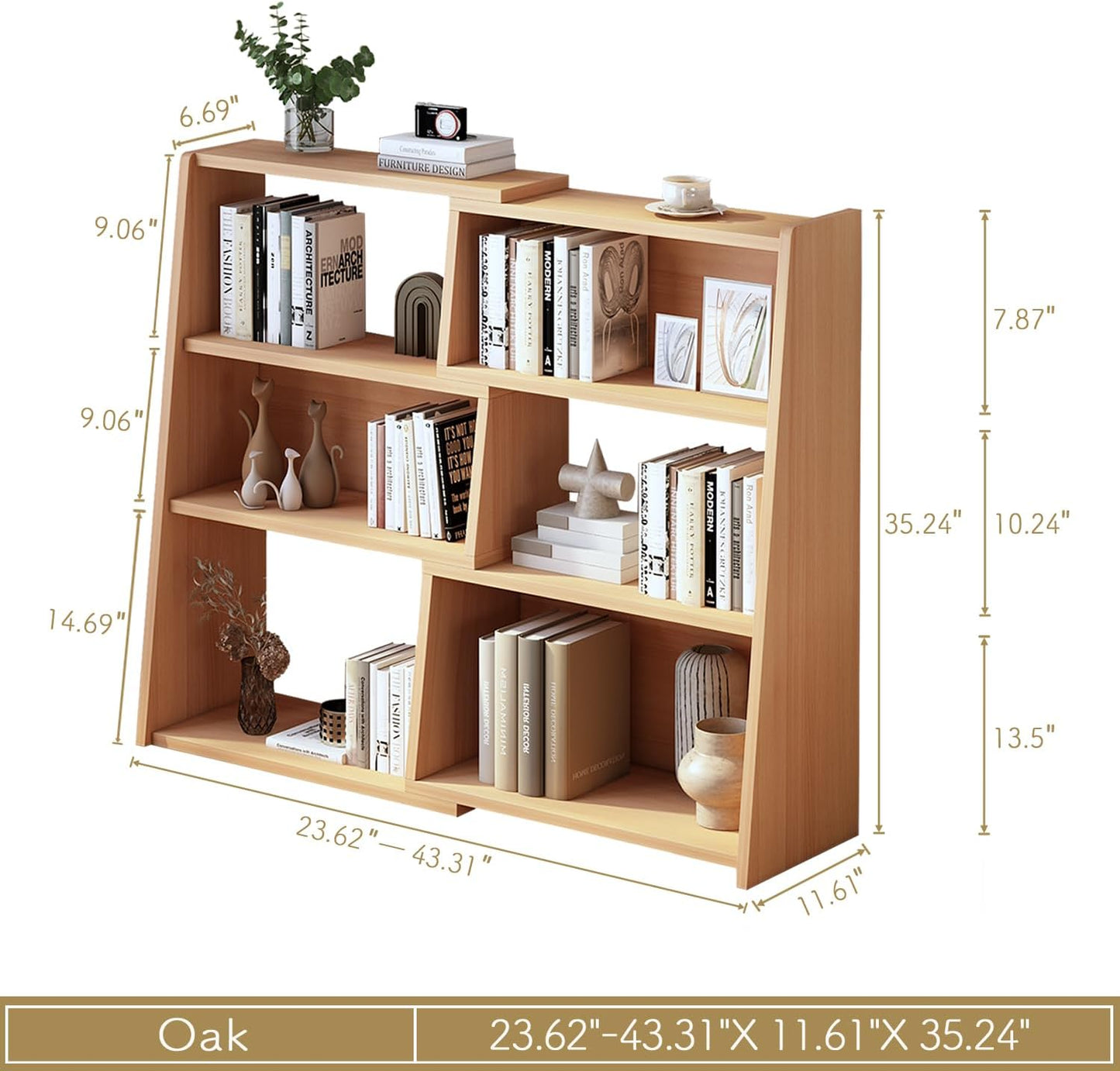 IOTXY Wooden Extendable Shelf Bookcase - 3-Tier Ladder Low Short Bookshelf for Small Space or Corner, Oak, S