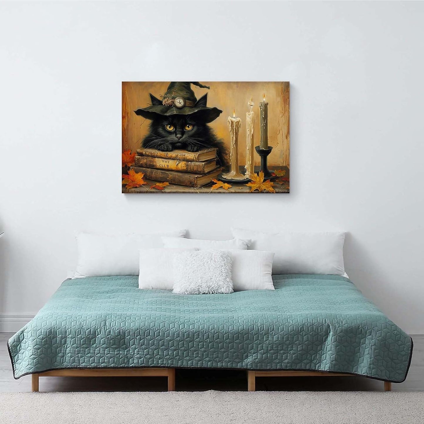 Vintage Halloween wall decoration black cat and magic book suitable for home bedroom living room decoration dark classic art witch wall decoration28x40in Wood Framed