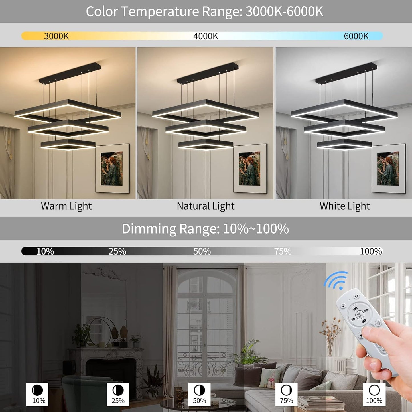 Modern LED Square Chandelier, 3 Ring Dimmable for Living, Dining, Bedroom & Foyer - High Ceiling Hanging LED Pendant Light Fixture (Black)