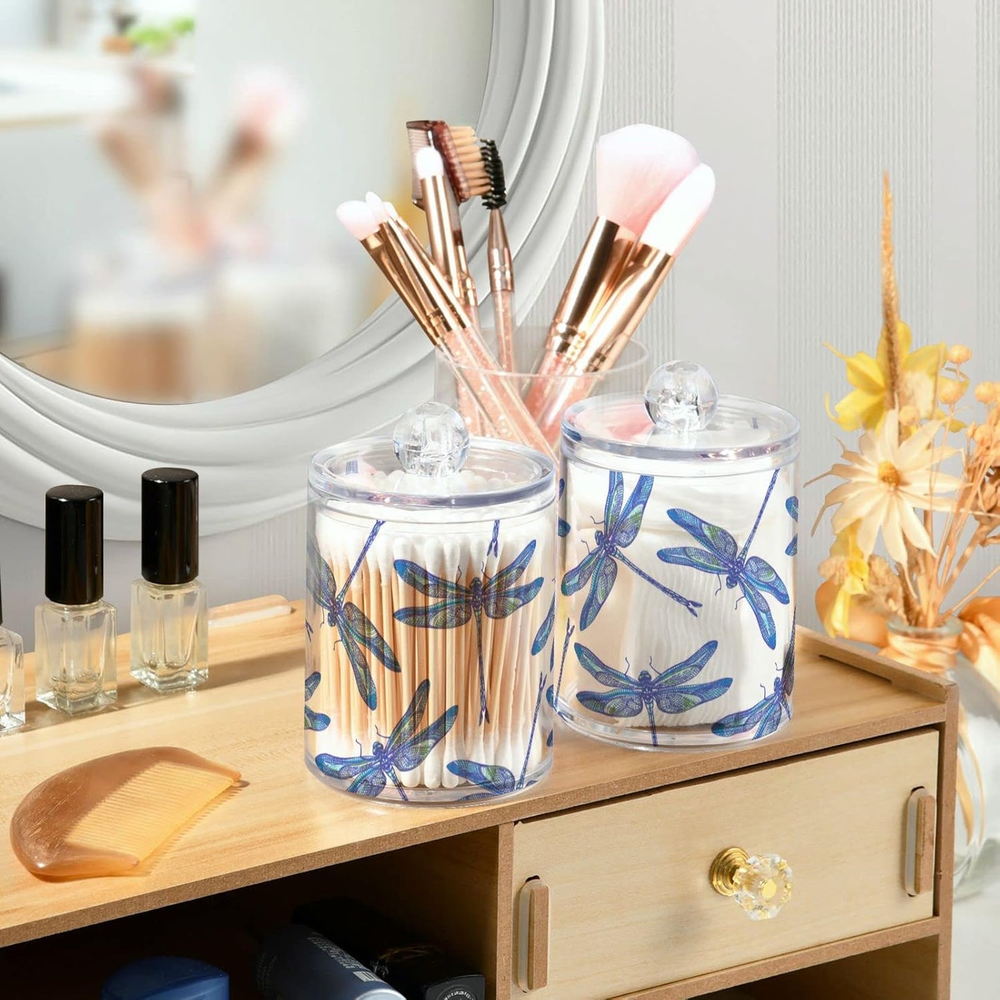 2 Pack Qtip Holder Organizer Dispenser Dragonflies Bathroom Storage Canister Cotton Ball Holder Container for Cotton Swabs/Pads/Floss